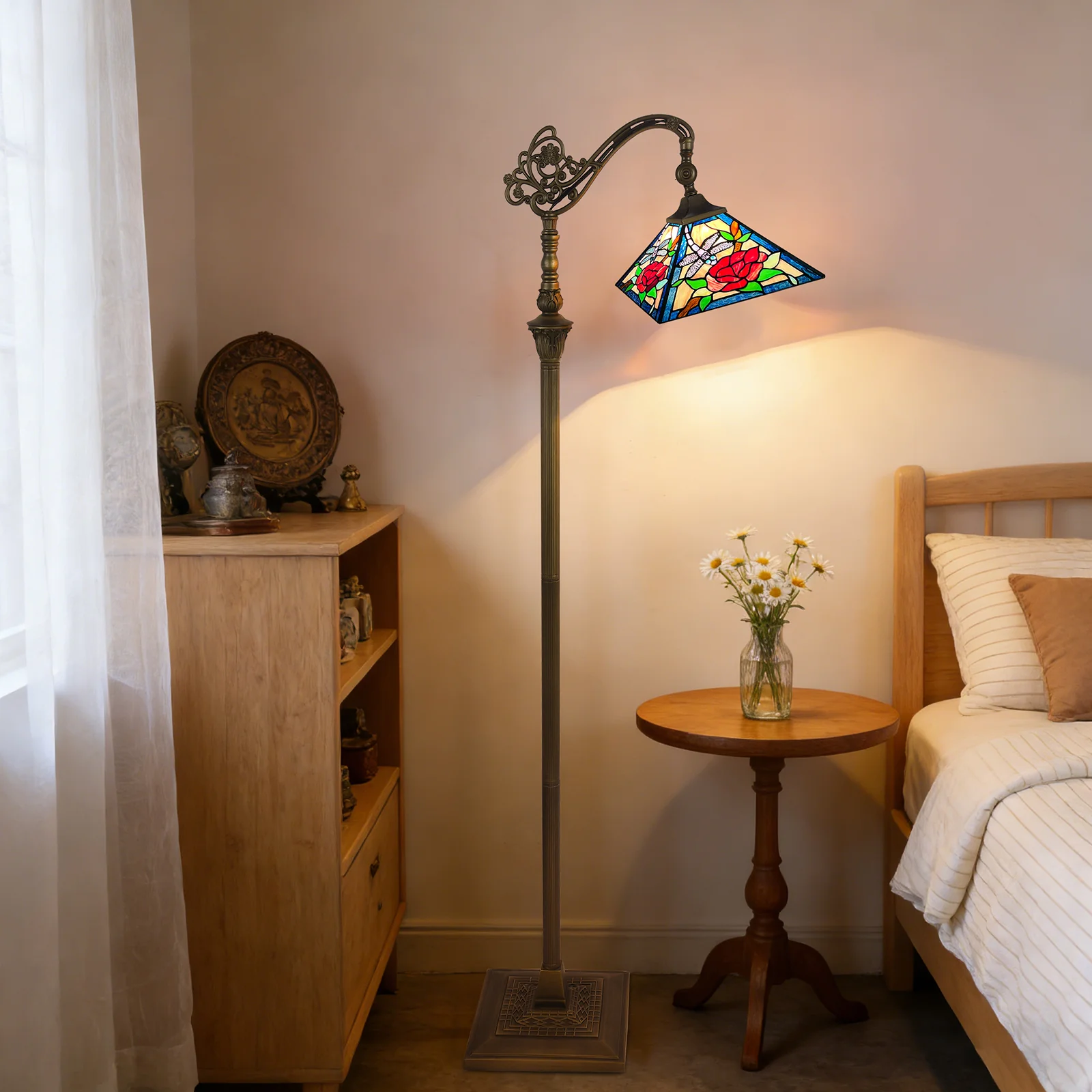 Tiffany Floor Lamp — Rose Stained Glass, Gooseneck Adjustable, W11" × H62" - Image 3