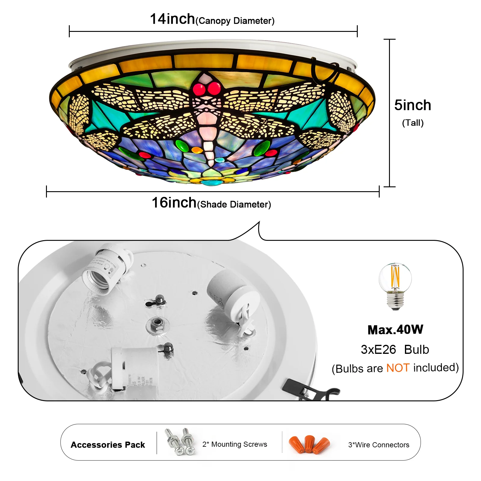 ARTZONE Tiffany Ceiling Lights, Stained Glass Ceiling Light 3-Lights 16 Inch Tiffany Flush Mount Ceiling Light for Bedroom Dining Living Room Entryway Foyer - Image 2