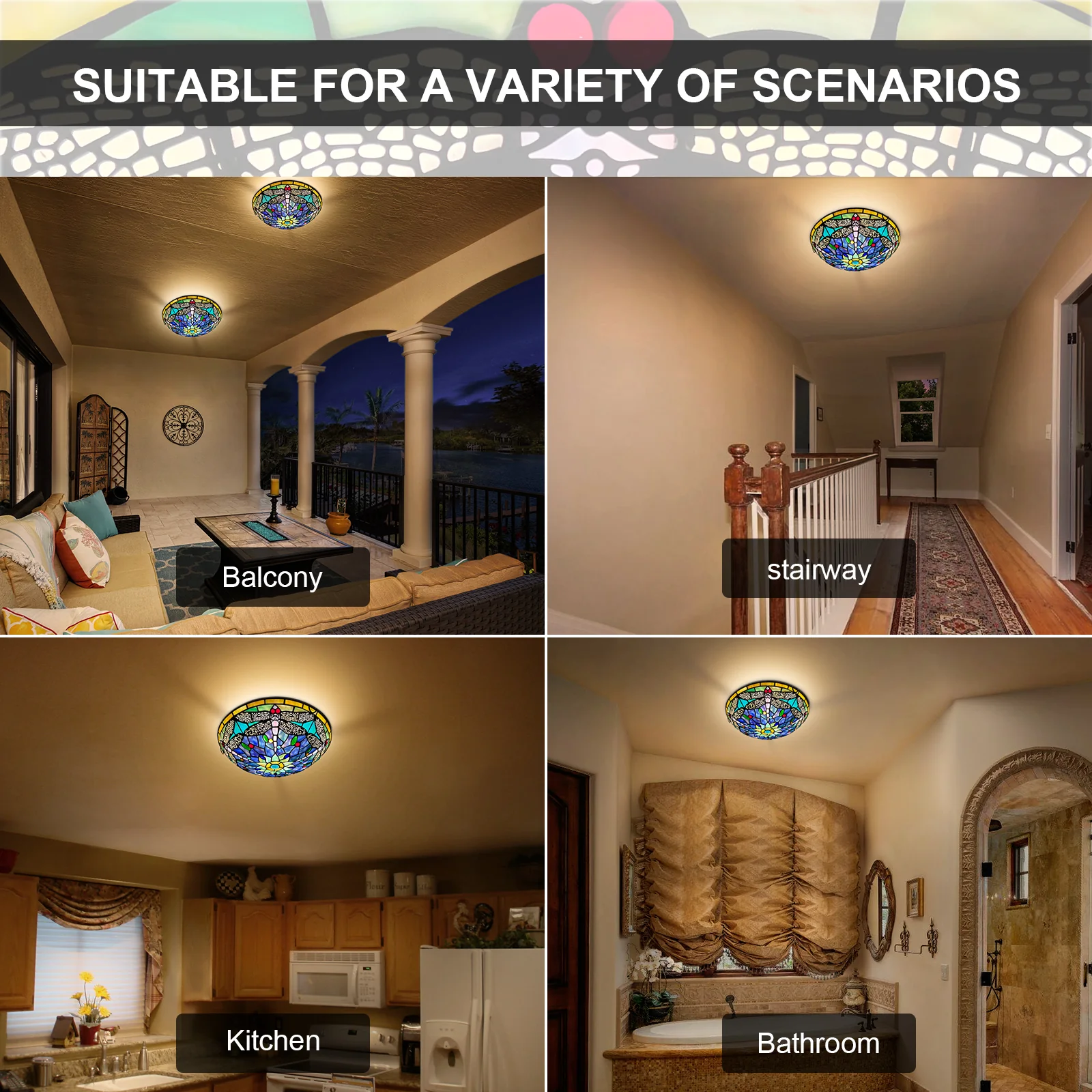 ARTZONE Tiffany Ceiling Lights, Stained Glass Ceiling Light 3-Lights 16 Inch Tiffany Flush Mount Ceiling Light for Bedroom Dining Living Room Entryway Foyer - Image 6