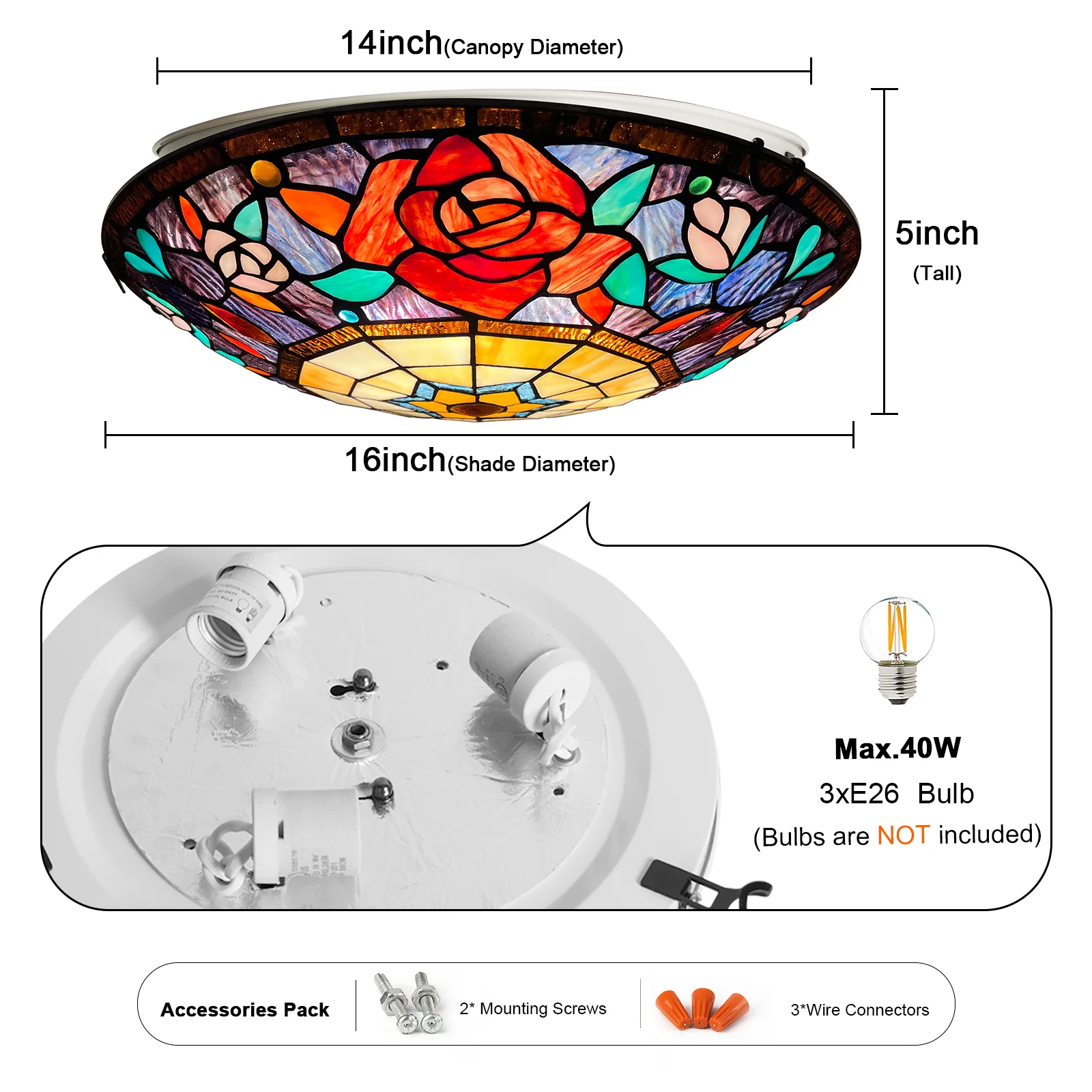 ARTZONE Tiffany Ceiling Lights, Stained Glass Ceiling Light 3-Lights 16 Inch Tiffany Flush Mount Ceiling Light for Bedroom Dining Living Room Entryway Foyer - Image 3