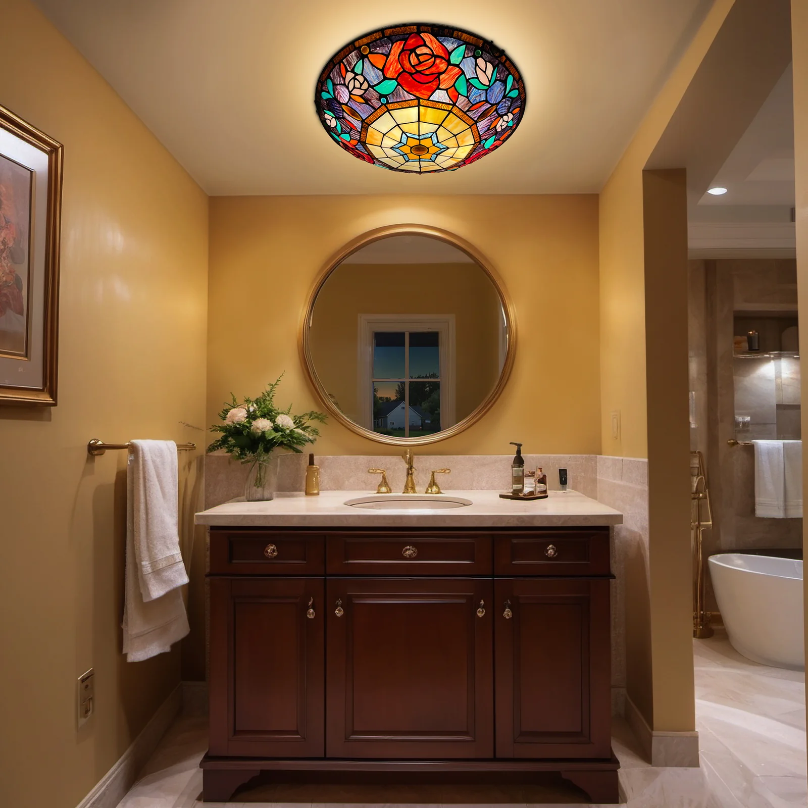 ARTZONE Tiffany Ceiling Lights, Stained Glass Ceiling Light 3-Lights 16 Inch Tiffany Flush Mount Ceiling Light for Bedroom Dining Living Room Entryway Foyer - Image 4