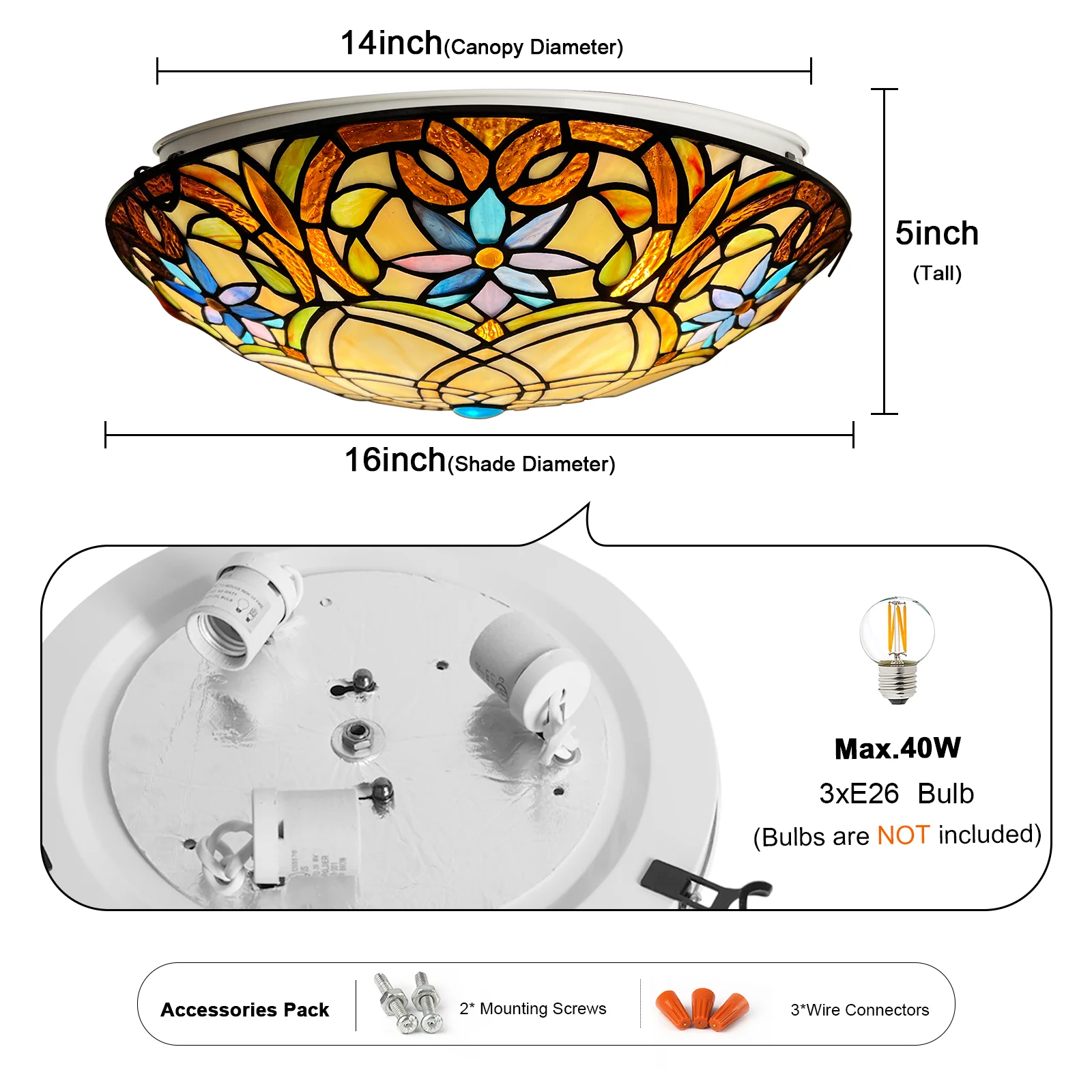 ARTZONE Tiffany Ceiling Lights, Stained Glass Ceiling Light 3-Lights 16 Inch Tiffany Flush Mount Ceiling Light for Bedroom Dining Living Room Entryway Foyer - Image 3