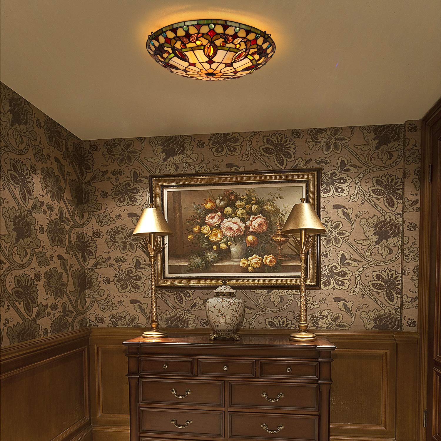 ARTZONE Tiffany Ceiling Lights, Stained Glass Ceiling Light 3-Lights 16 Inch Tiffany Flush Mount Ceiling Light for Bedroom Dining Living Room Entryway Foyer - Image 4