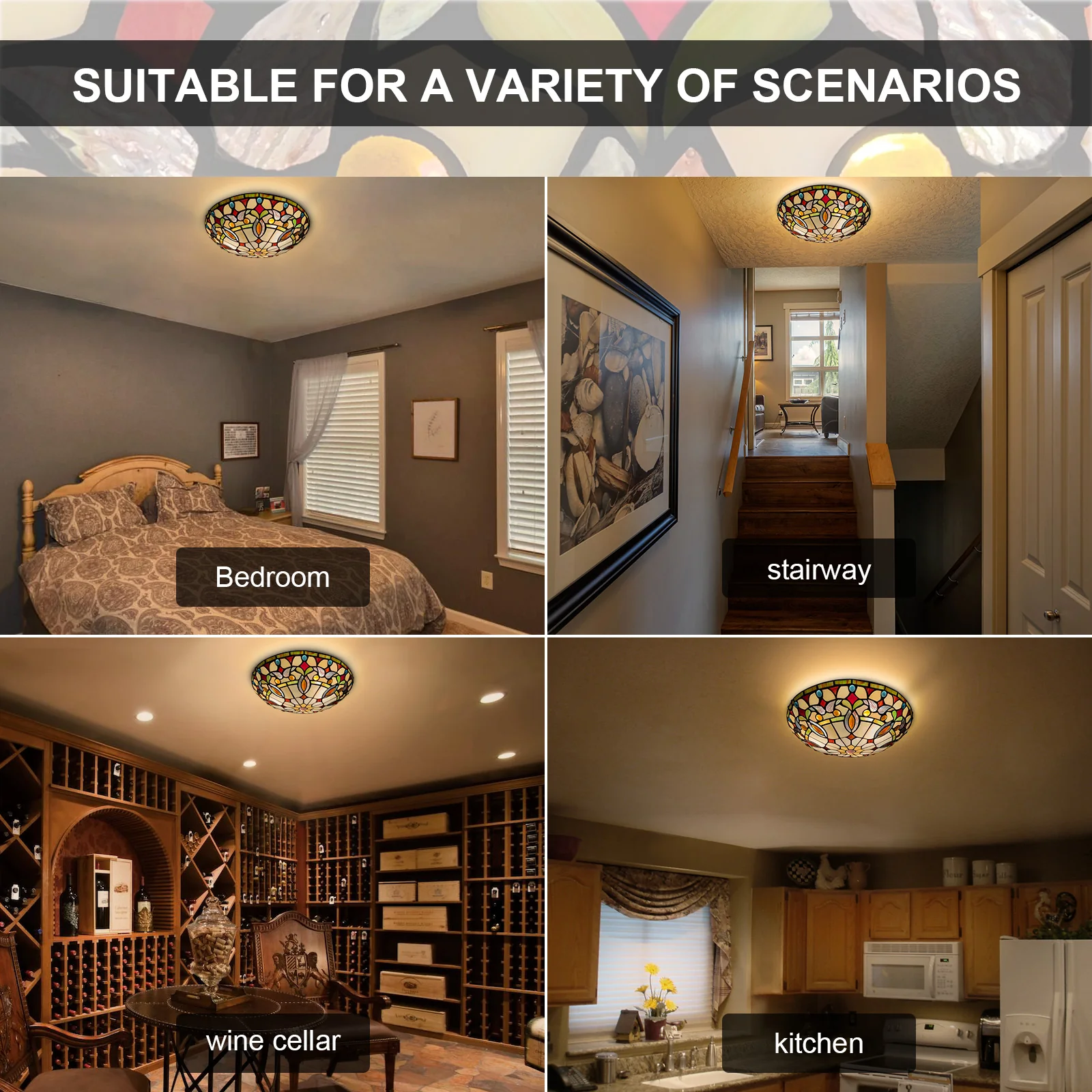 ARTZONE Tiffany Ceiling Lights, Stained Glass Ceiling Light 3-Lights 16 Inch Tiffany Flush Mount Ceiling Light for Bedroom Dining Living Room Entryway Foyer - Image 5