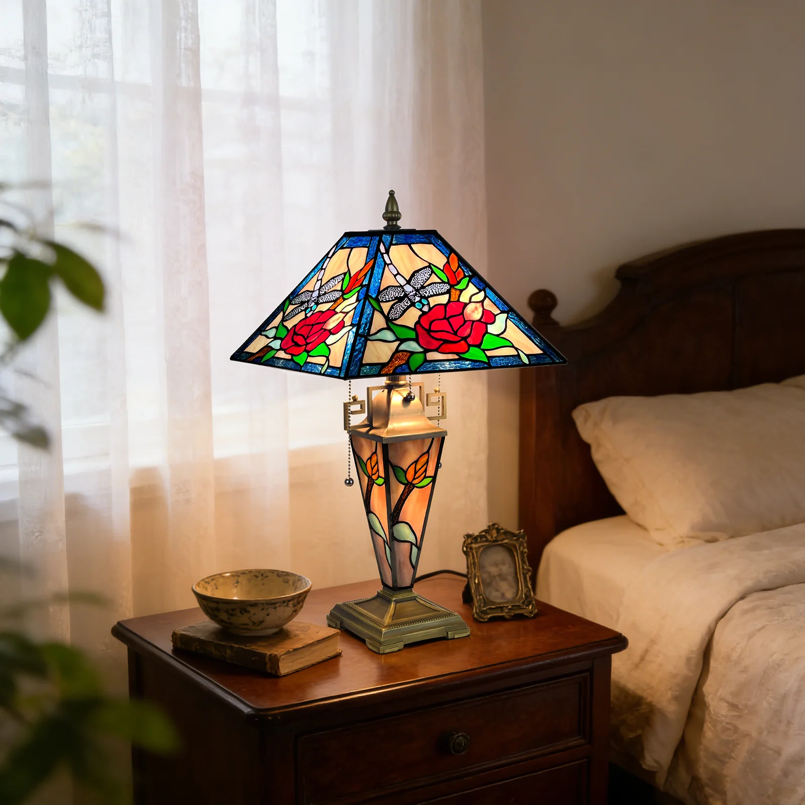 ARTZONE Tiffany Table Lamp with Nighlight [W12''xH24''], Tiffany Table Lights Antique Stained Glass Bedside Table Lamp for Bedside/Desk Reading/Living Room/Home Office/Bedroom - Image 2
