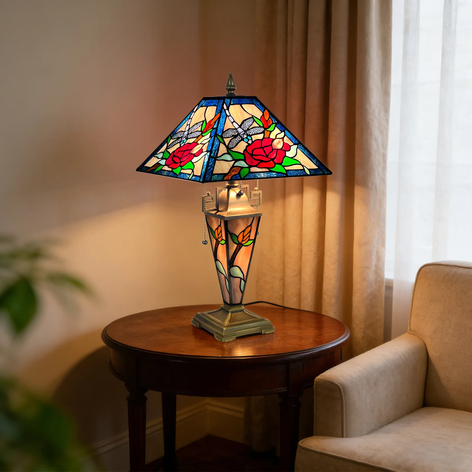 ARTZONE Tiffany Table Lamp with Nighlight [W12''xH24''], Tiffany Table Lights Antique Stained Glass Bedside Table Lamp for Bedside/Desk Reading/Living Room/Home Office/Bedroom - Image 3