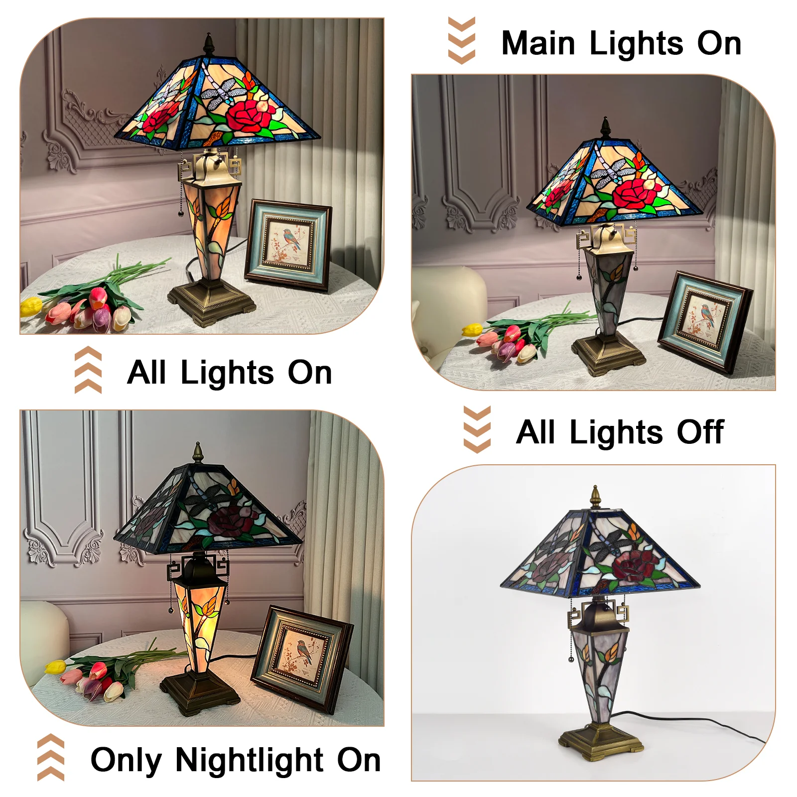 ARTZONE Tiffany Table Lamp with Nighlight [W12''xH24''], Tiffany Table Lights Antique Stained Glass Bedside Table Lamp for Bedside/Desk Reading/Living Room/Home Office/Bedroom - Image 6