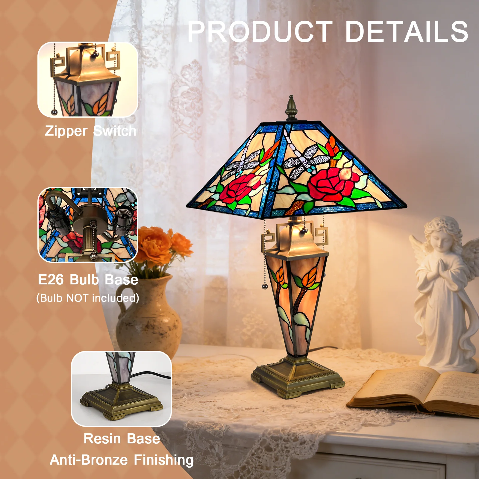 ARTZONE Tiffany Table Lamp with Nighlight [W12''xH24''], Tiffany Table Lights Antique Stained Glass Bedside Table Lamp for Bedside/Desk Reading/Living Room/Home Office/Bedroom - Image 8