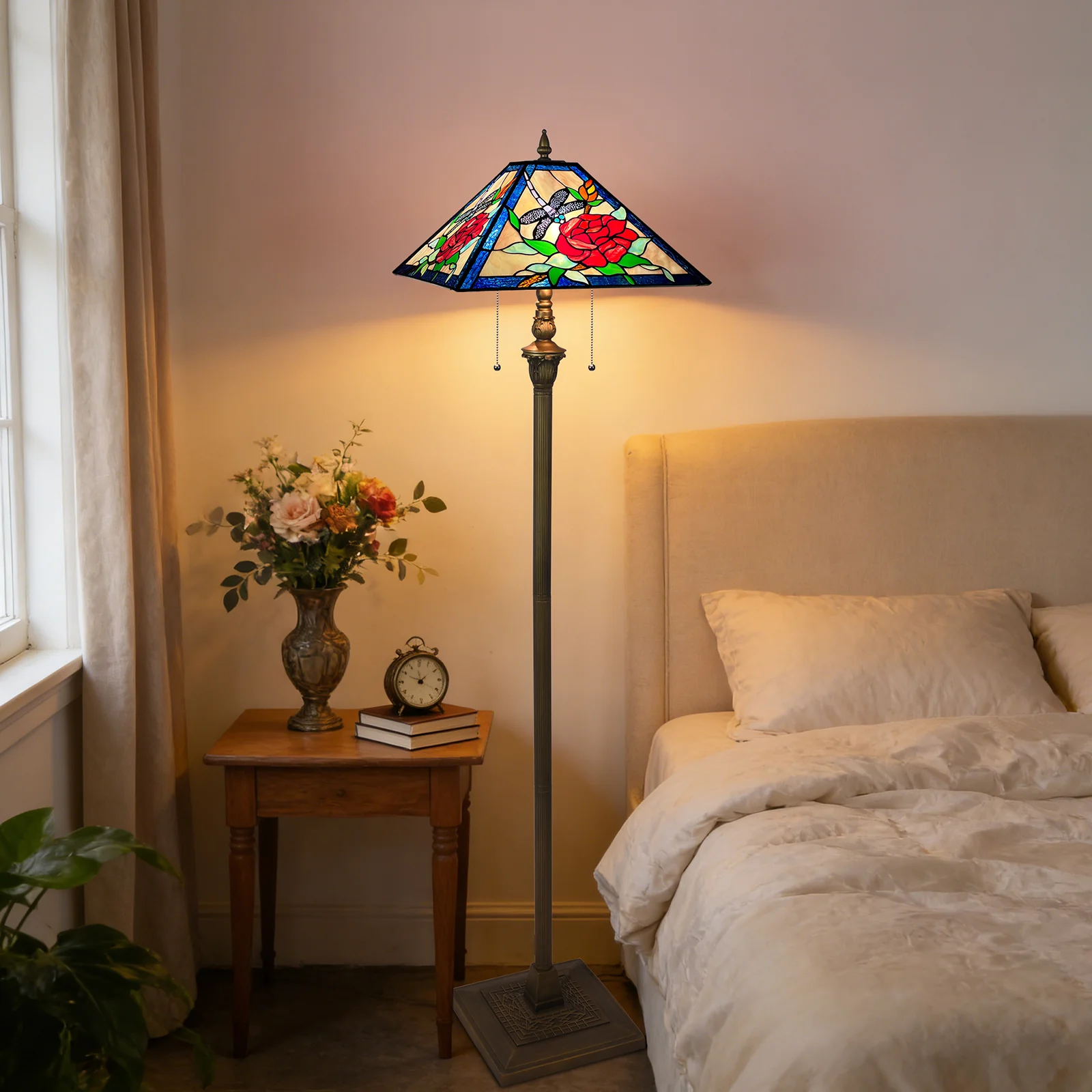 Tiffany Floor Lamp with Nightlight — Rose & Dragonfly Stained Glass, W16" × H59" - Image 3
