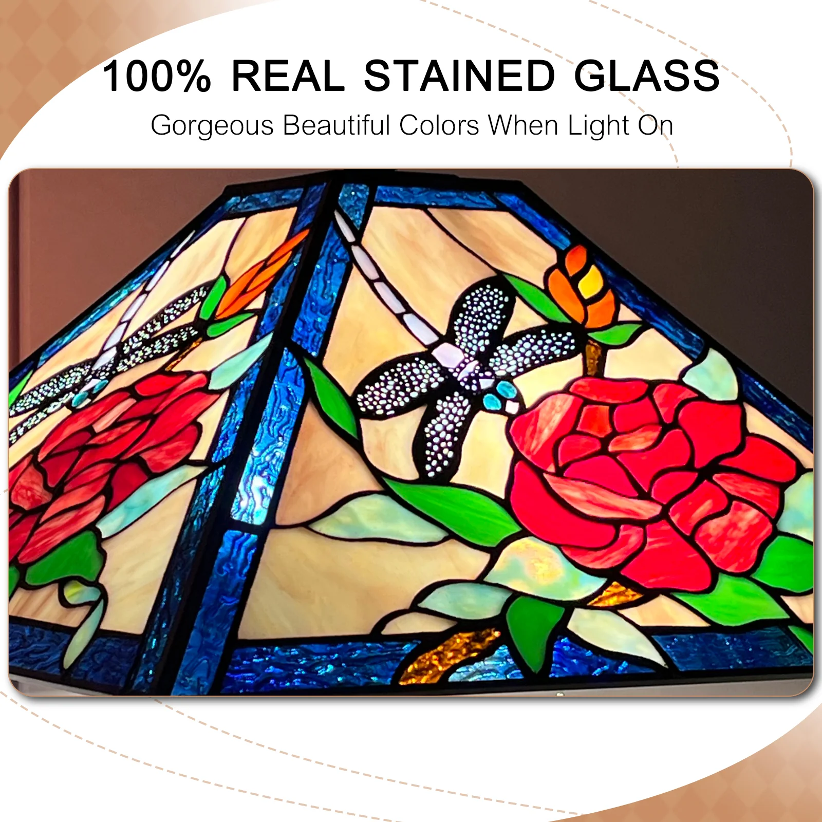 Tiffany Floor Lamp with Nightlight — Rose & Dragonfly Stained Glass, W16" × H59" - Image 5