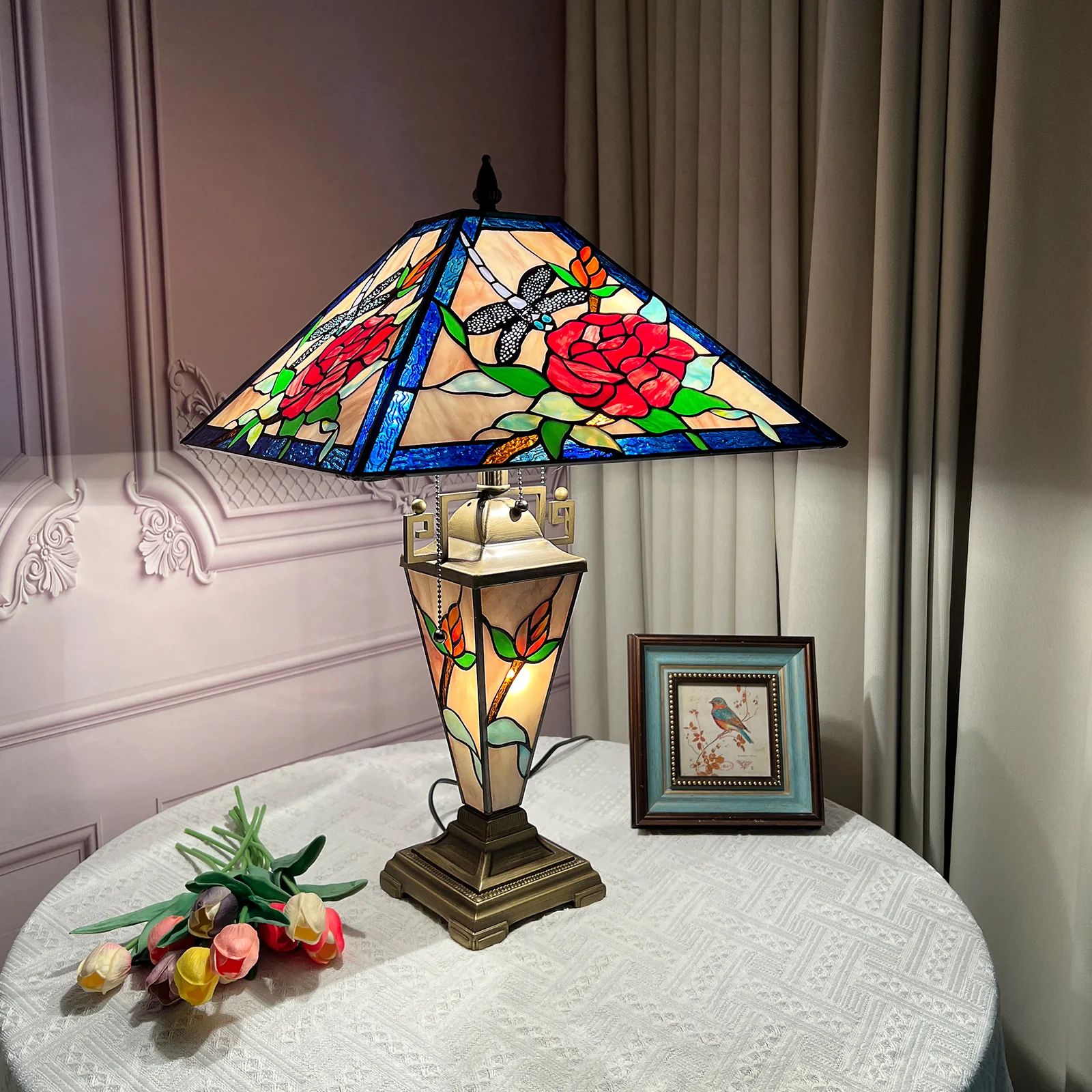 Tiffany Table Lamp with Nightlight — Rose & Dragonfly Stained Glass, W16" × H24"