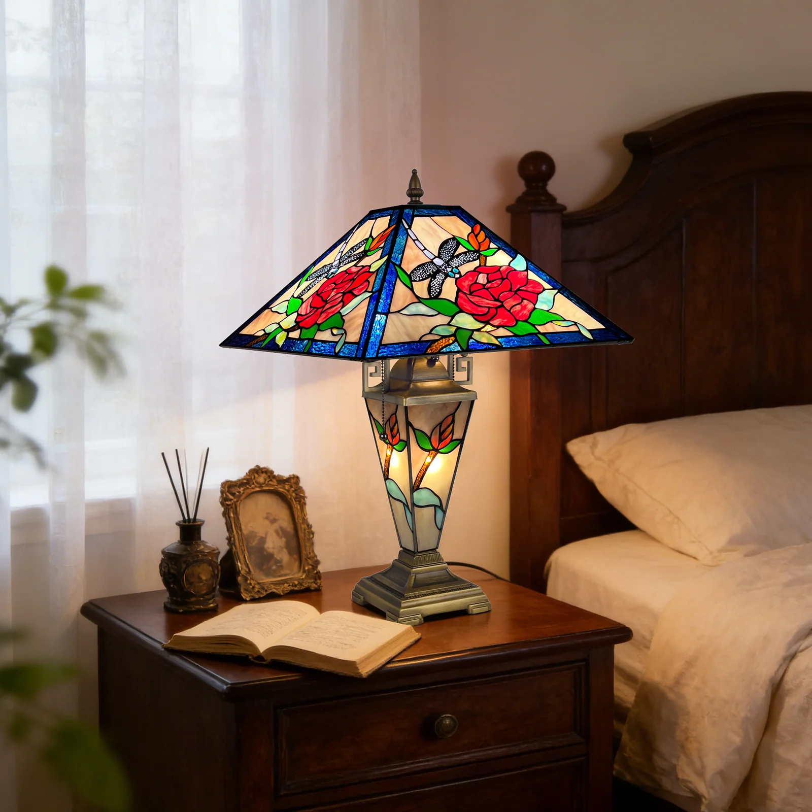 Tiffany Table Lamp with Nightlight — Rose & Dragonfly Stained Glass, W16" × H24" - Image 2