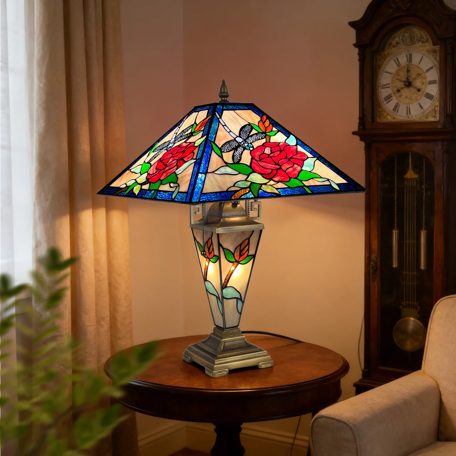 Tiffany Table Lamp with Nightlight — Rose & Dragonfly Stained Glass, W16" × H24" - Image 3