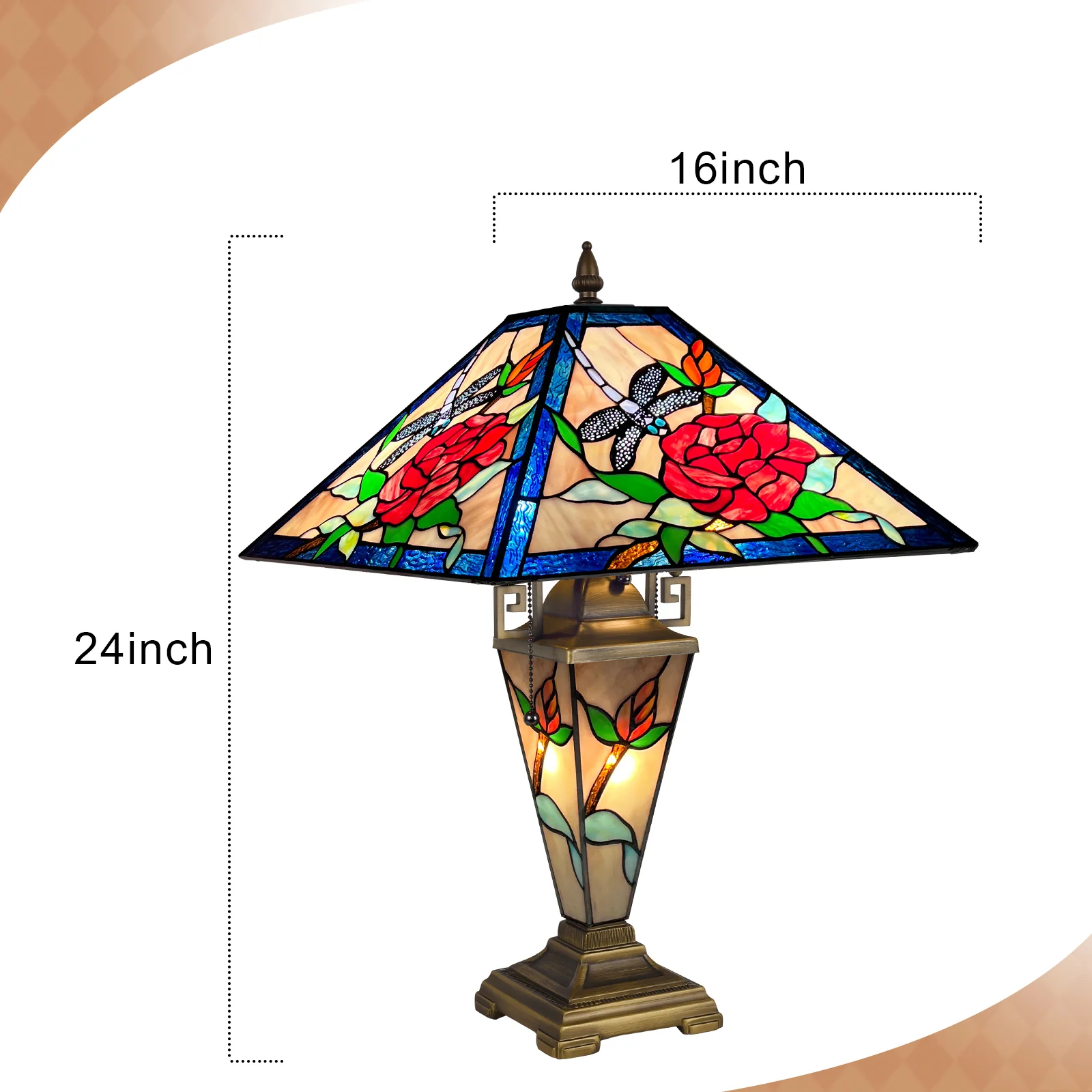 Tiffany Table Lamp with Nightlight — Rose & Dragonfly Stained Glass, W16" × H24" - Image 5