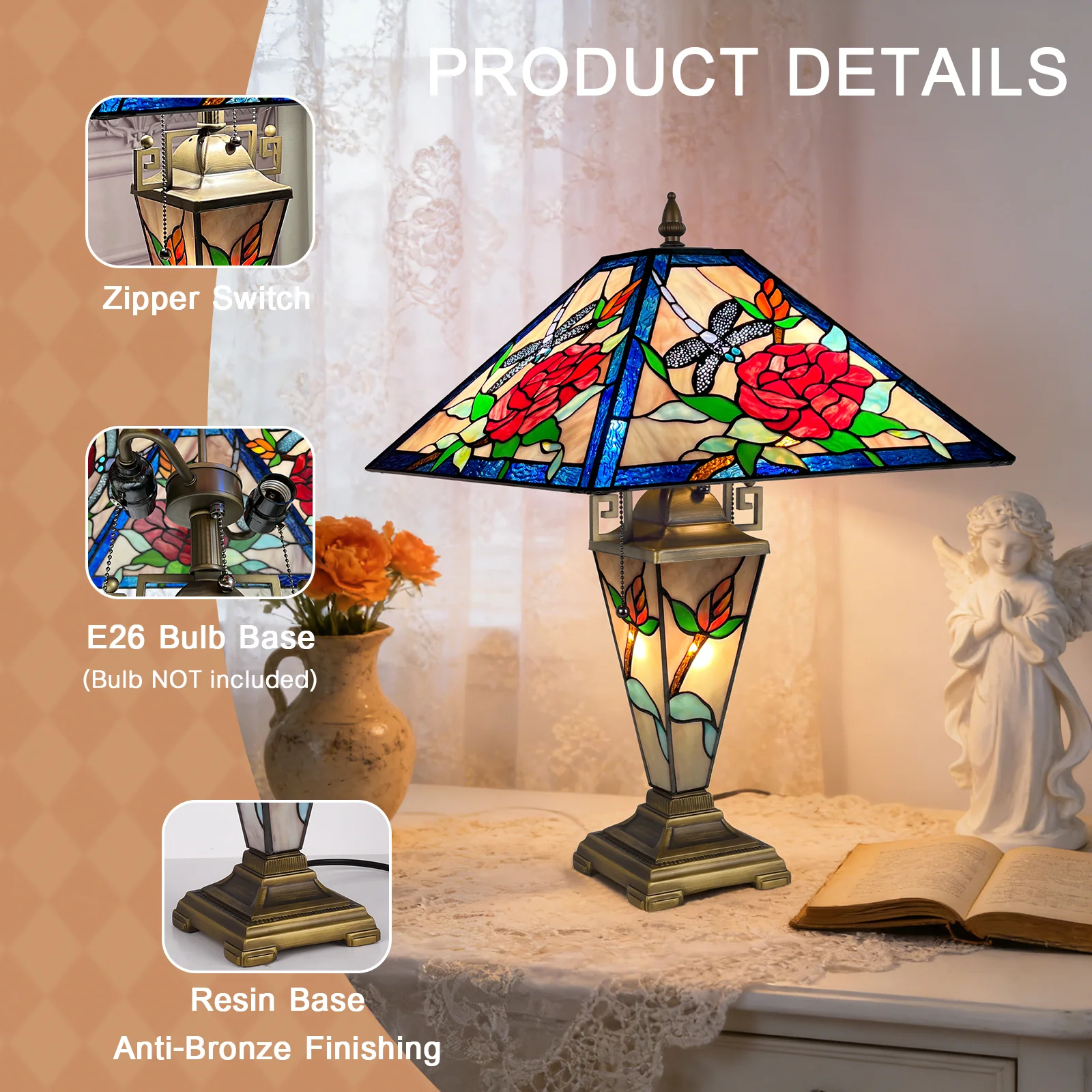 Tiffany Table Lamp with Nightlight — Rose & Dragonfly Stained Glass, W16" × H24" - Image 8