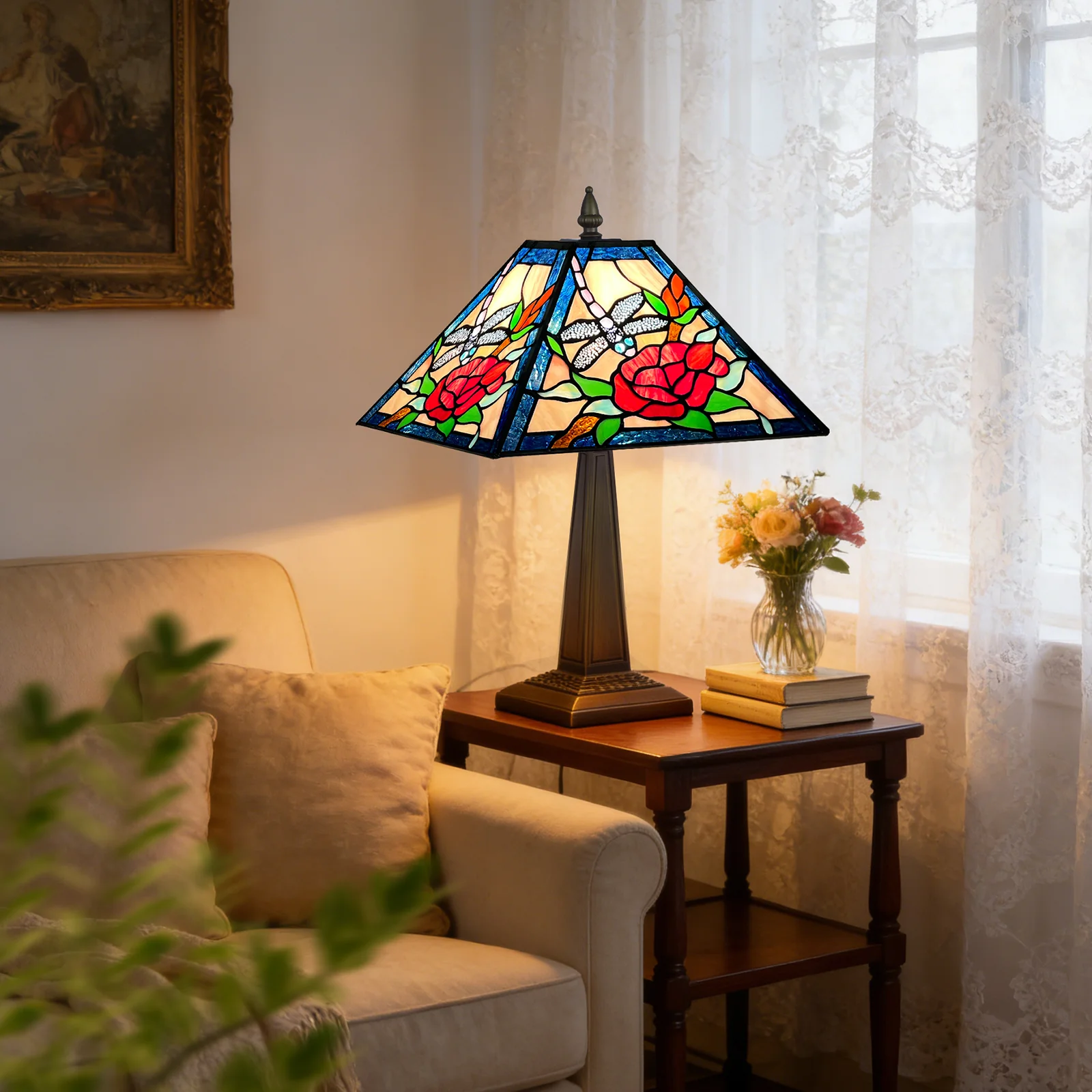 ARTZONE Tiffany Table Lamp[W12''xH20''], Tiffany Table Lights Antique Stained Glass Bedside Table Lamp for Bedside/Desk Reading/Living Room/Home Office/Bedroom - Image 3