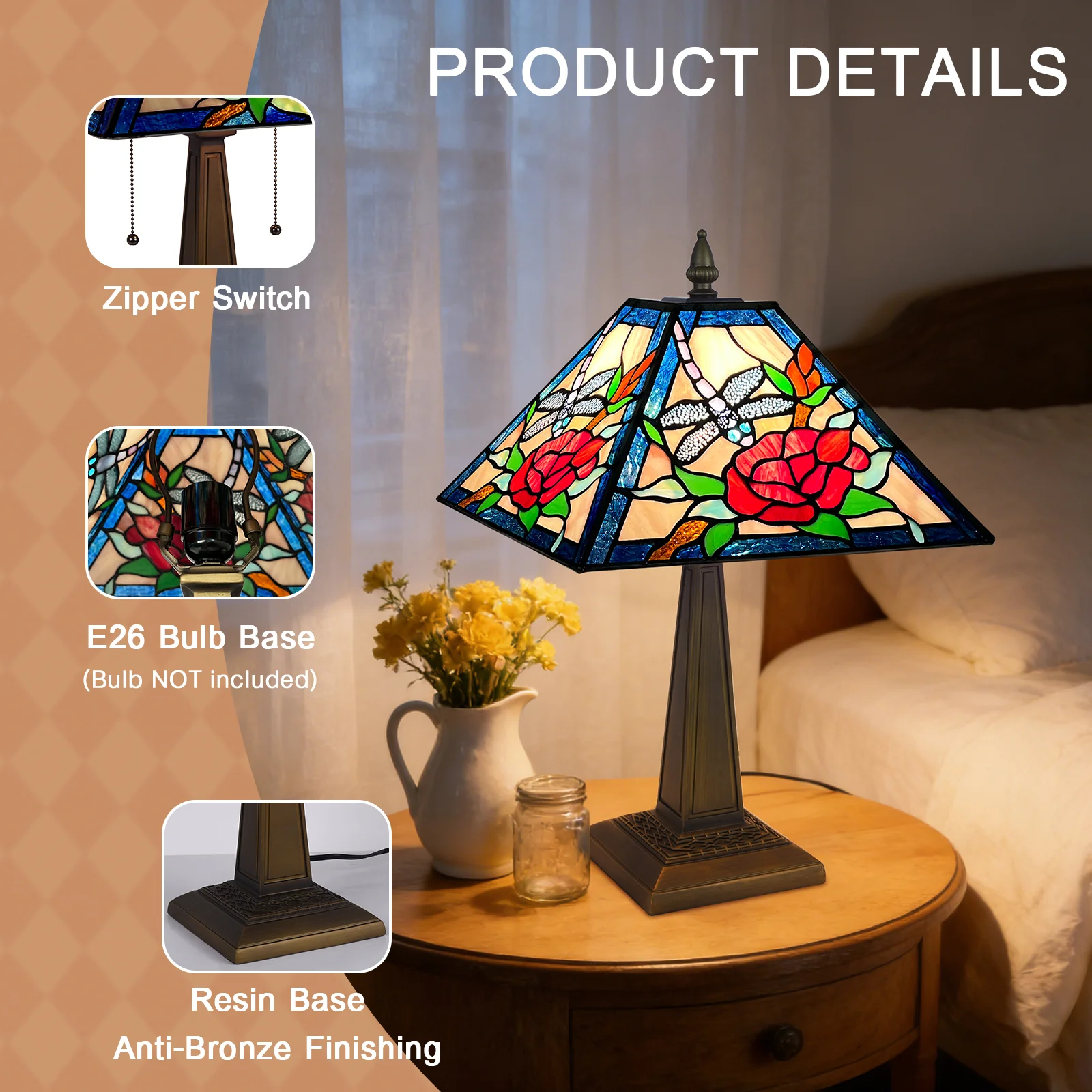 ARTZONE Tiffany Table Lamp[W12''xH20''], Tiffany Table Lights Antique Stained Glass Bedside Table Lamp for Bedside/Desk Reading/Living Room/Home Office/Bedroom - Image 7