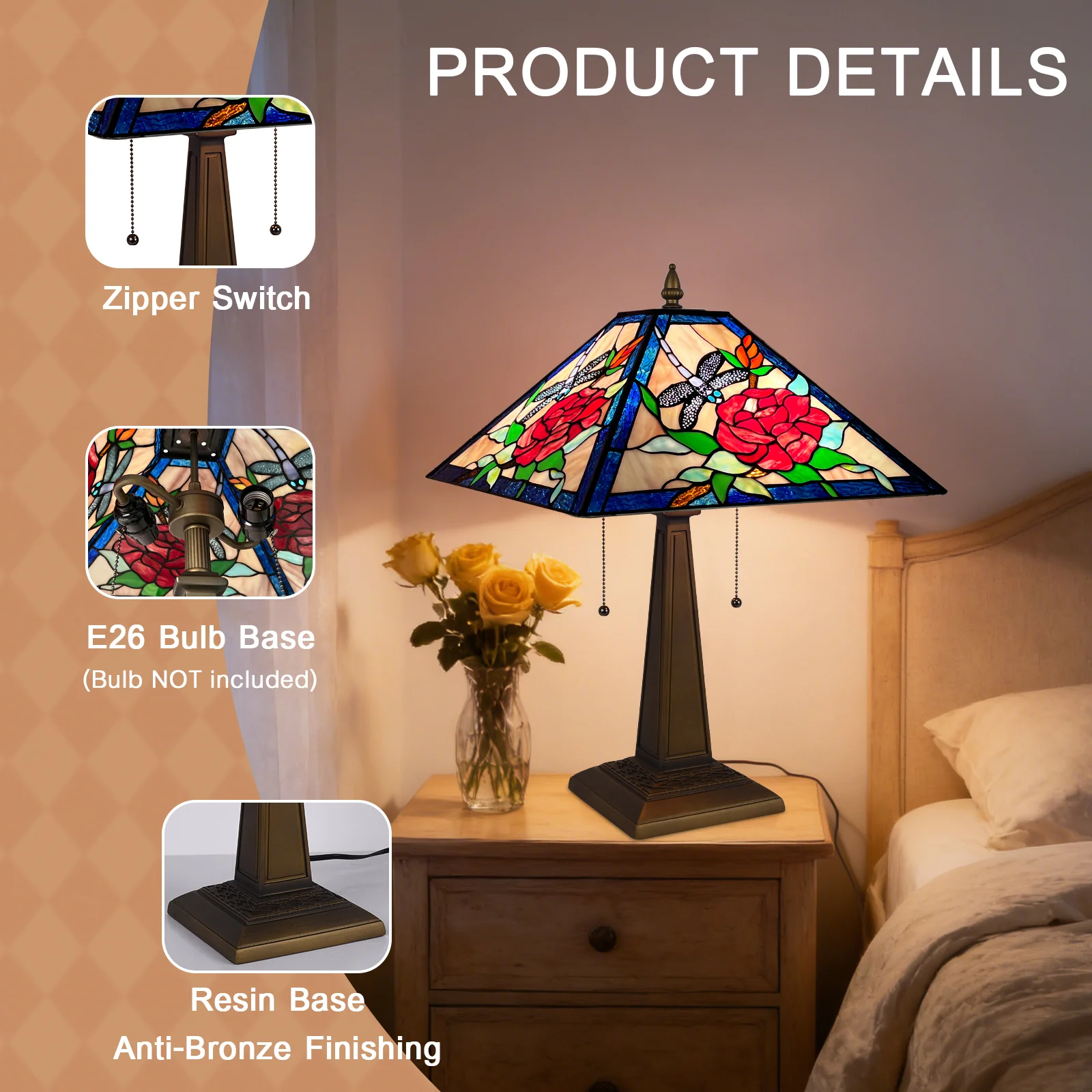 ARTZONE Tiffany Table Lamp[W16''xH24''], Tiffany Table Lights Antique Stained Glass Bedside Table Lamp for Bedside/Desk Reading/Living Room/Home Office/Bedroom - Image 7