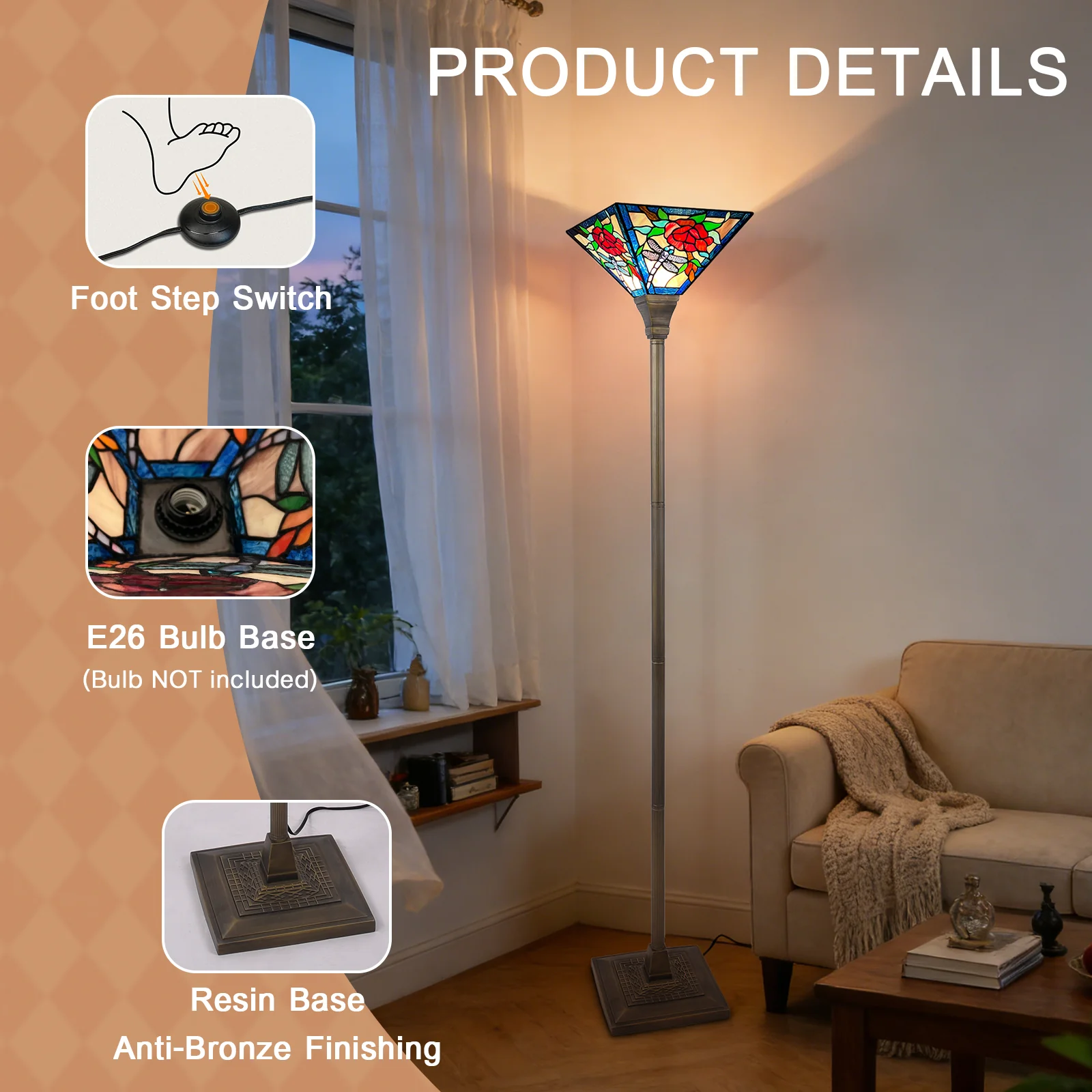 ARTZONE Tiffany Torchiere Floor Lamp,Handcrafted Stained Glass Lamp Shade,Antique Style Standing Corner Light for Living Room and Bedroom - Image 7