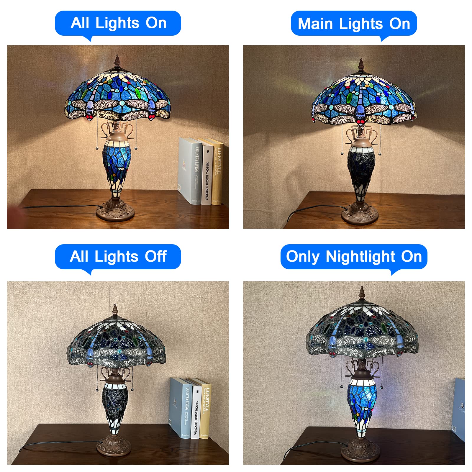 Capulina Tiffany Lamp, Stained Glass Table Lamp 16X16X24 Inches Sea Blue Dragonfly Style Reading Desk Light for Living Room Bedrooms Study Home Office - Image 7