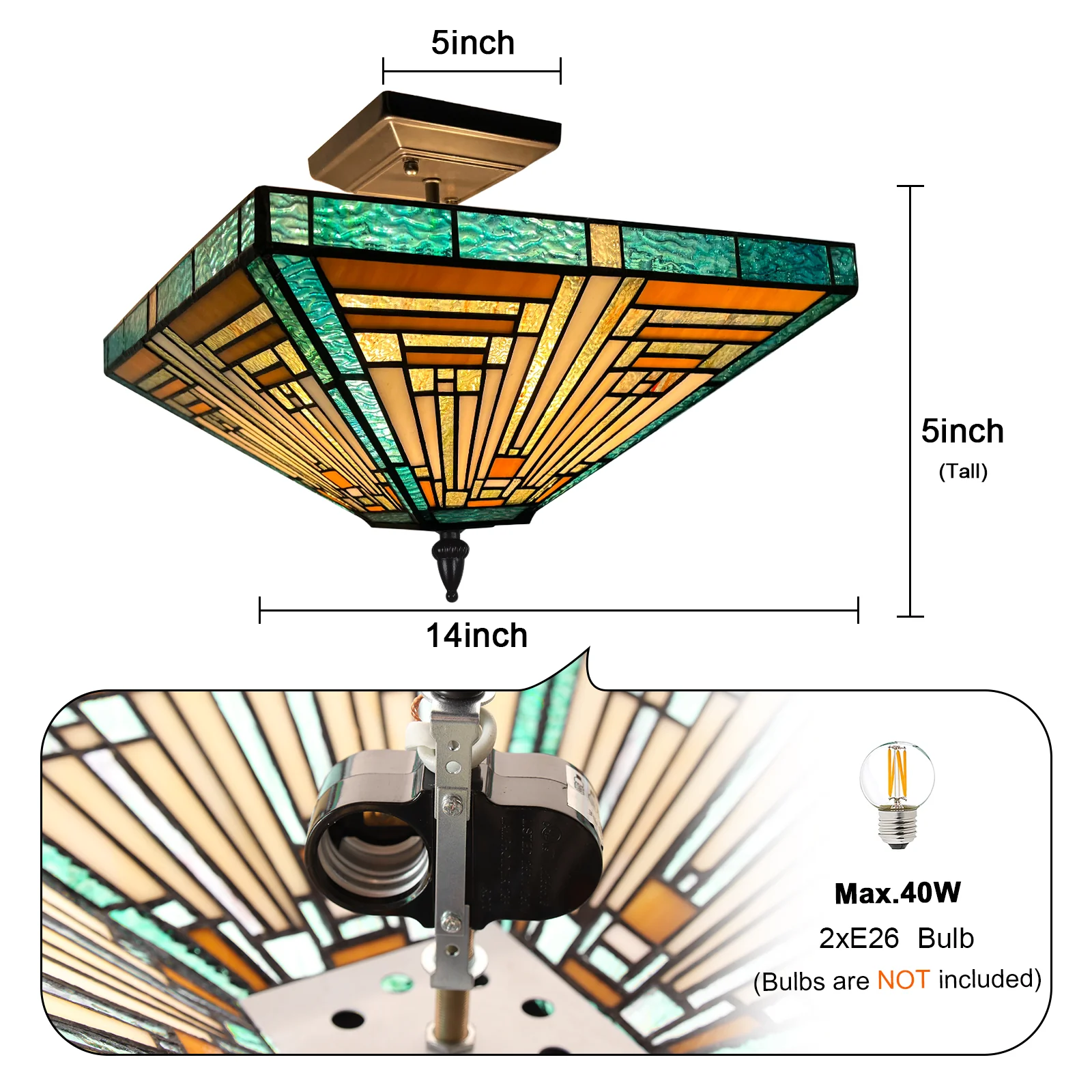 Capulina Tiffany Lamp Stained Glass Ceiling Light 2-Light 14 Inches Wide Amber Green Tiffany Style Semi Flush Mount Ceiling Lamp for Kitchen Porch Entryway Bathroom Hallway - Image 3