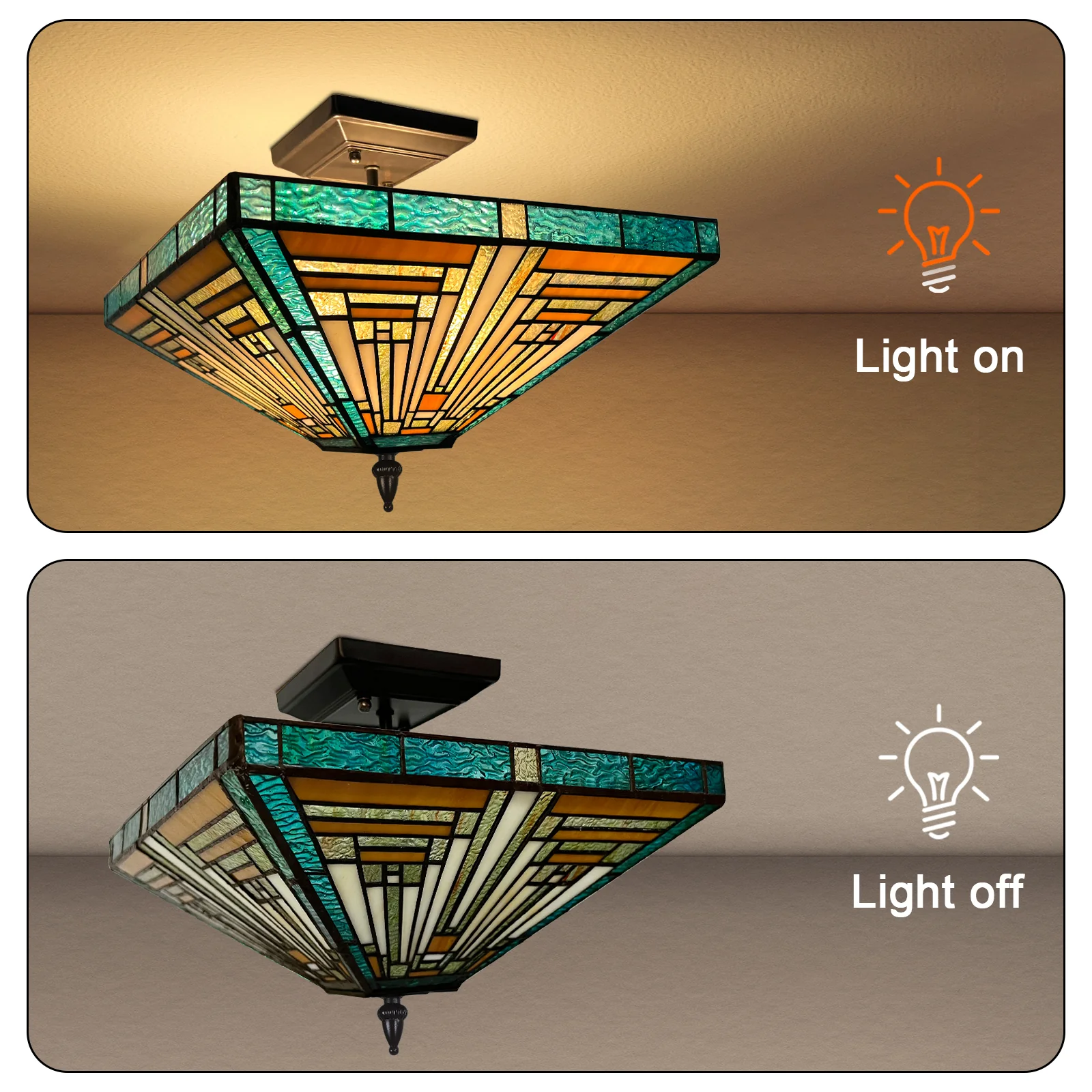 Capulina Tiffany Lamp Stained Glass Ceiling Light 2-Light 14 Inches Wide Amber Green Tiffany Style Semi Flush Mount Ceiling Lamp for Kitchen Porch Entryway Bathroom Hallway - Image 6