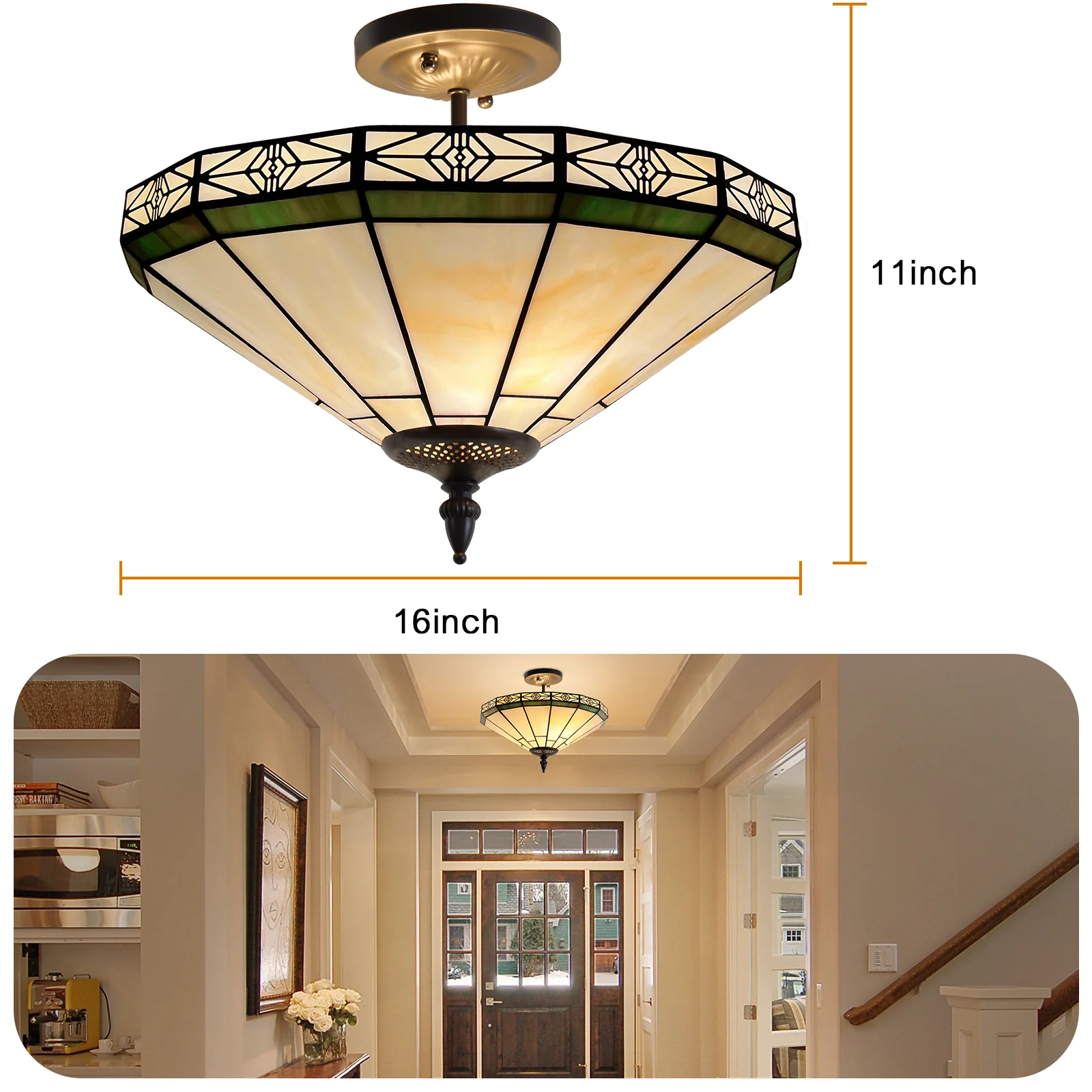 Capulina Tiffany Lamp Stained Glass Ceiling Light 2-Light 16 Inches Wide Cream Tiffany Style Semi Flush Mount Ceiling Lamp for Dining Room Porch Hallway Kitchen Entryway - Image 5