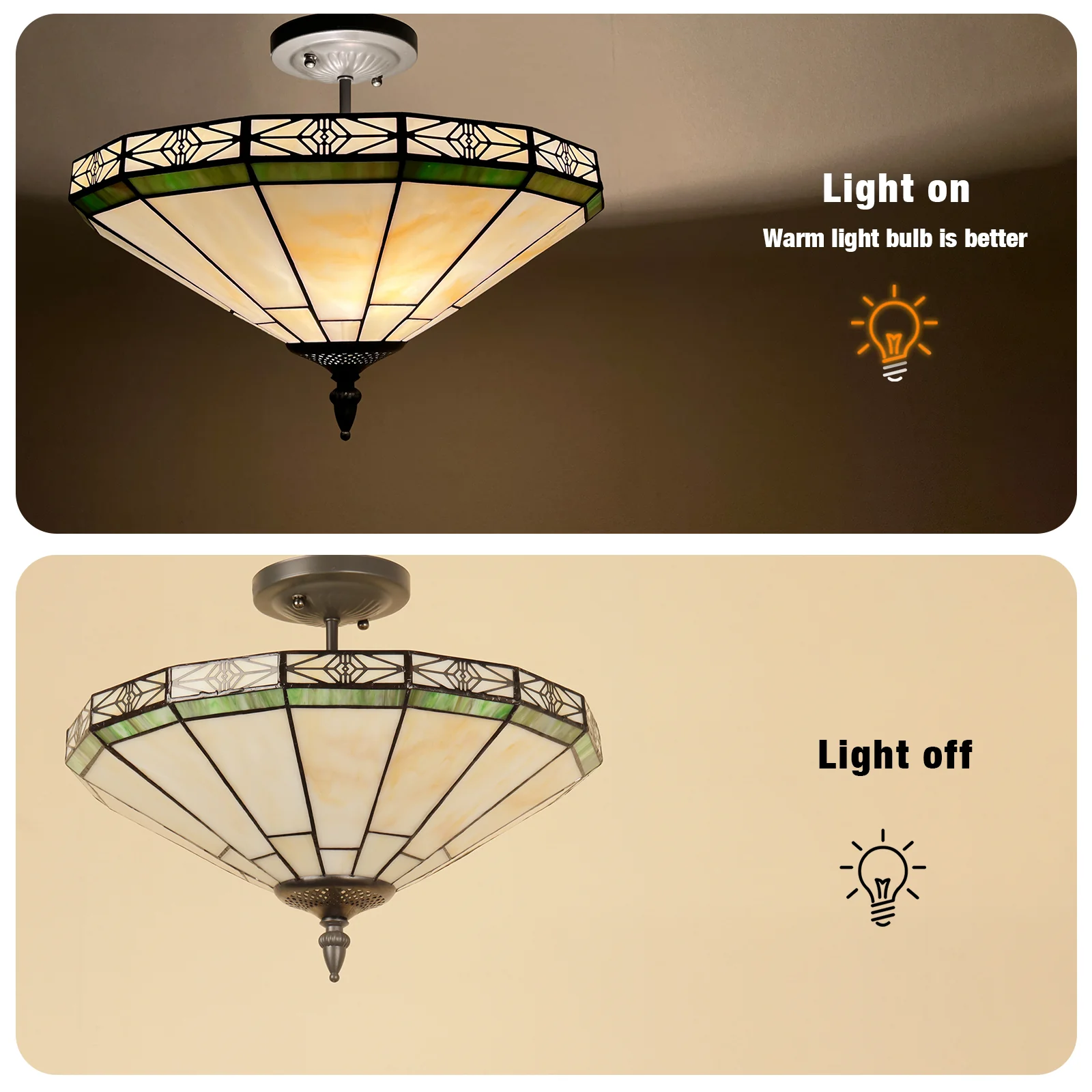 Capulina Tiffany Lamp Stained Glass Ceiling Light 2-Light 16 Inches Wide Cream Tiffany Style Semi Flush Mount Ceiling Lamp for Dining Room Porch Hallway Kitchen Entryway - Image 9