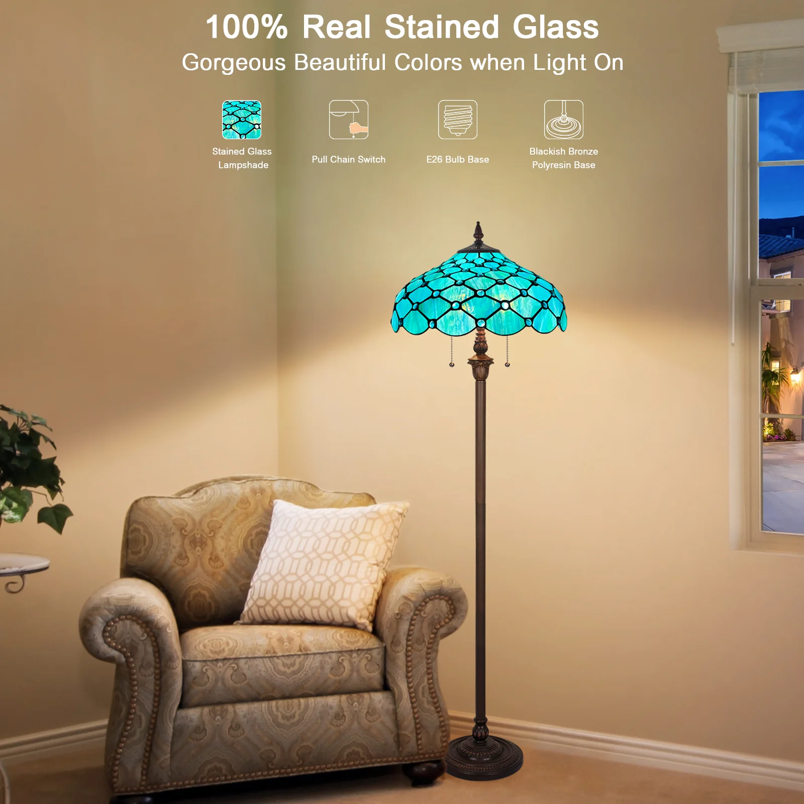 Capulina Tiffany Lamp Stained Glass Floor Lamp 2-Light 16X16X63 Inches Seagrass Blue Beads Tiffany Style Standing Reading Lamp for Living Room Bedroom Home Office - Image 4