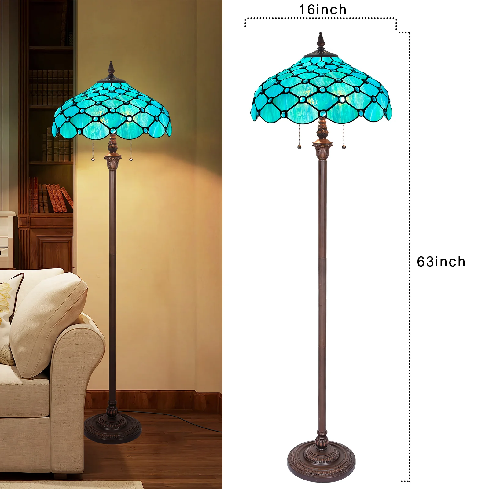 Capulina Tiffany Lamp Stained Glass Floor Lamp 2-Light 16X16X63 Inches Seagrass Blue Beads Tiffany Style Standing Reading Lamp for Living Room Bedroom Home Office - Image 5