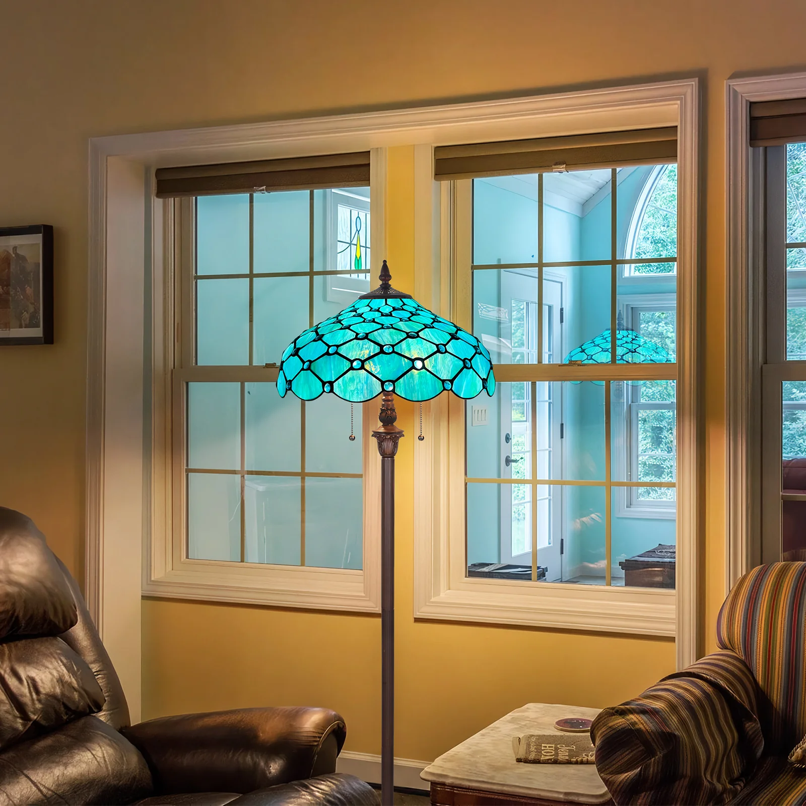 Capulina Tiffany Lamp Stained Glass Floor Lamp 2-Light 16X16X63 Inches Seagrass Blue Beads Tiffany Style Standing Reading Lamp for Living Room Bedroom Home Office - Image 6