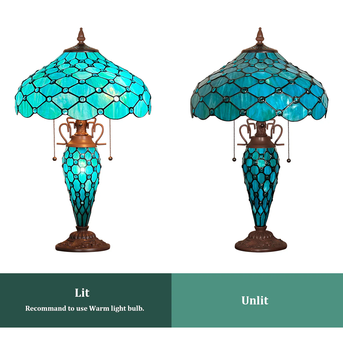 Capulina Tiffany Lamp Stained Glass Table Lamp 3-Light 16x16x24 Inches Mother-Daughter Vase Seagrass Blue Beads Tiffany Style Desk Reading Lamp Decor for Home Office Bedroom Living Room - Image 6