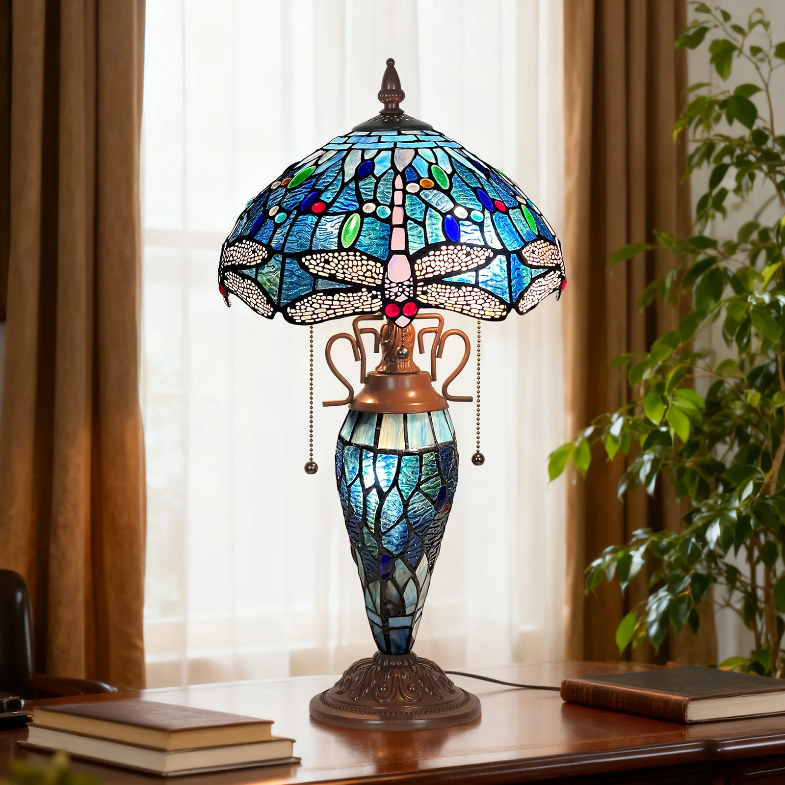 Capulina Tiffany Lamp Stained Glass Table Lamp Mother-Daughter Vase 3-Light 12X12X20 Inches Antique Blue Dragonfly Tiffany Style Desk Lamp for Home Office Living Room Bedroom - Image 3