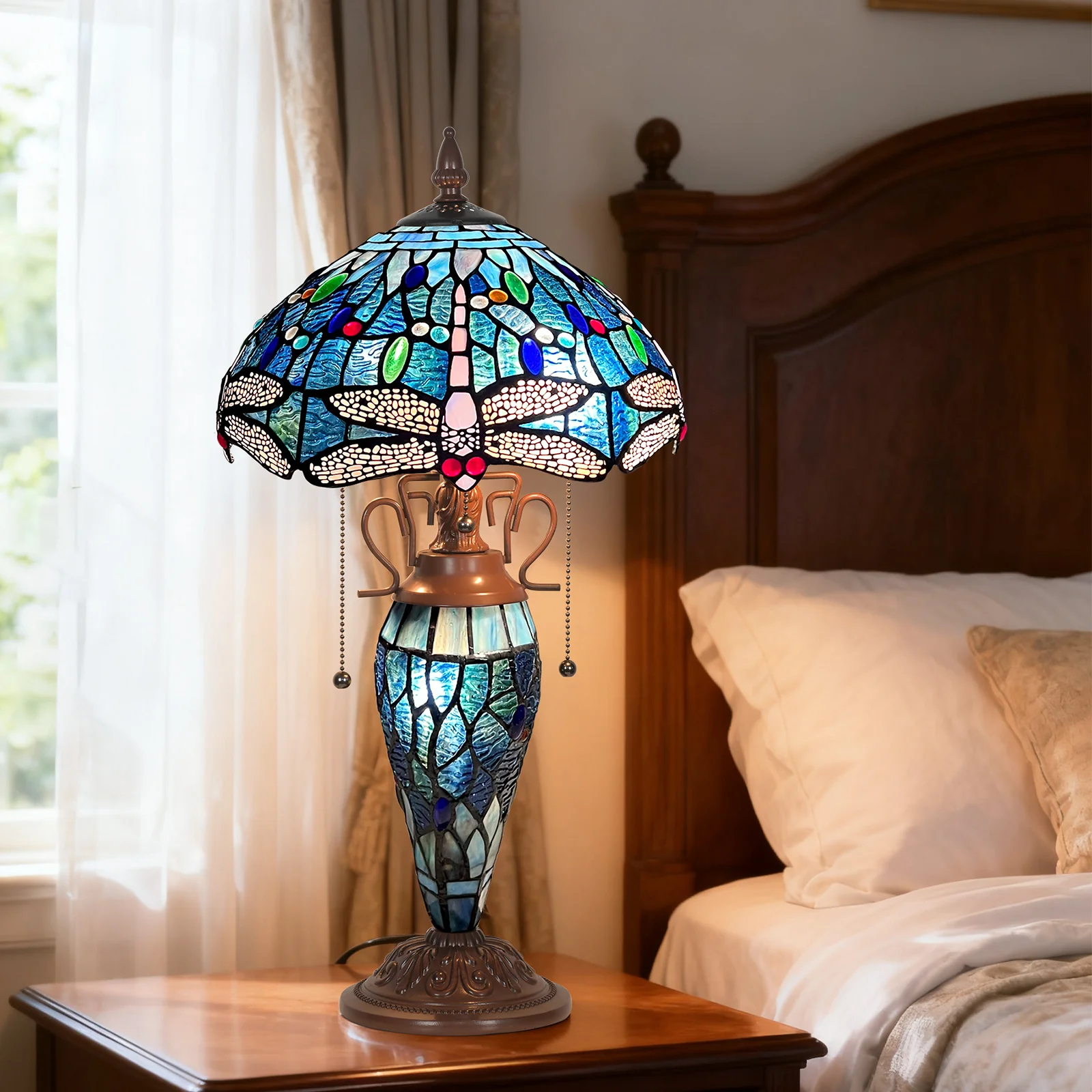 Capulina Tiffany Lamp Stained Glass Table Lamp Mother-Daughter Vase 3-Light 12X12X20 Inches Antique Blue Dragonfly Tiffany Style Desk Lamp for Home Office Living Room Bedroom - Image 6