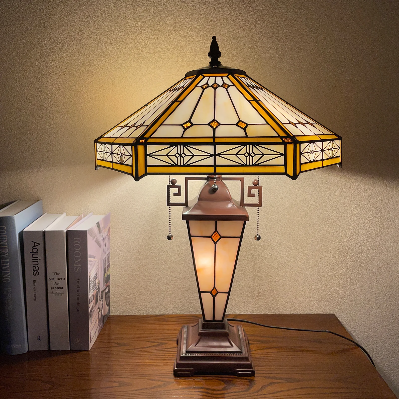 Capulina Tiffany Stained Glass Table Lamp 3-Lights 16x16x24 Inches Mother-Daughter Vase Cream Hexagon Desk Reading Lamp for Home Office Bedroom Living Room - Image 2