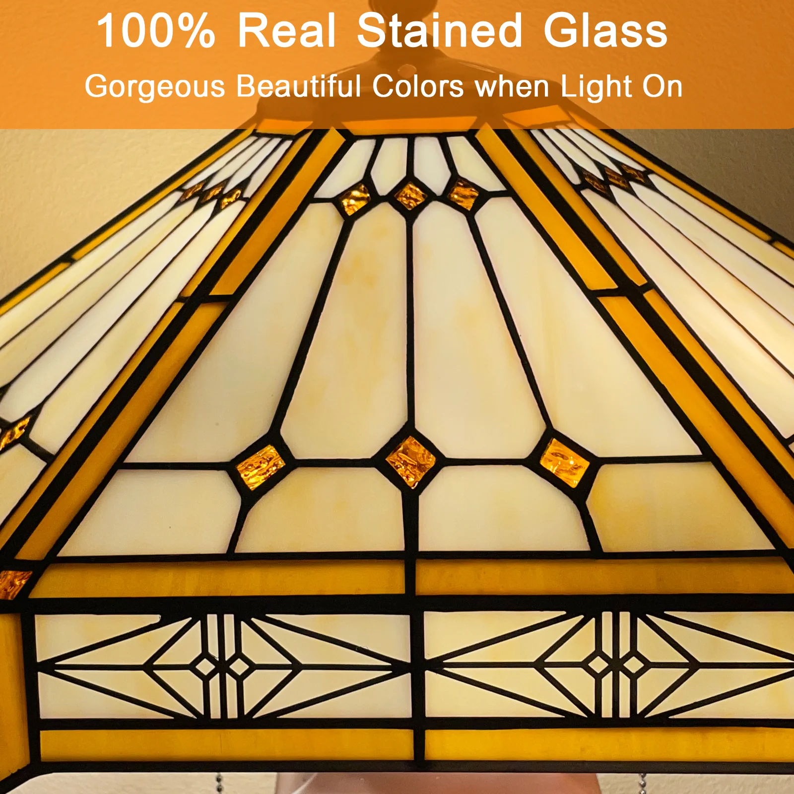 Capulina Tiffany Stained Glass Table Lamp 3-Lights 16x16x24 Inches Mother-Daughter Vase Cream Hexagon Desk Reading Lamp for Home Office Bedroom Living Room - Image 7