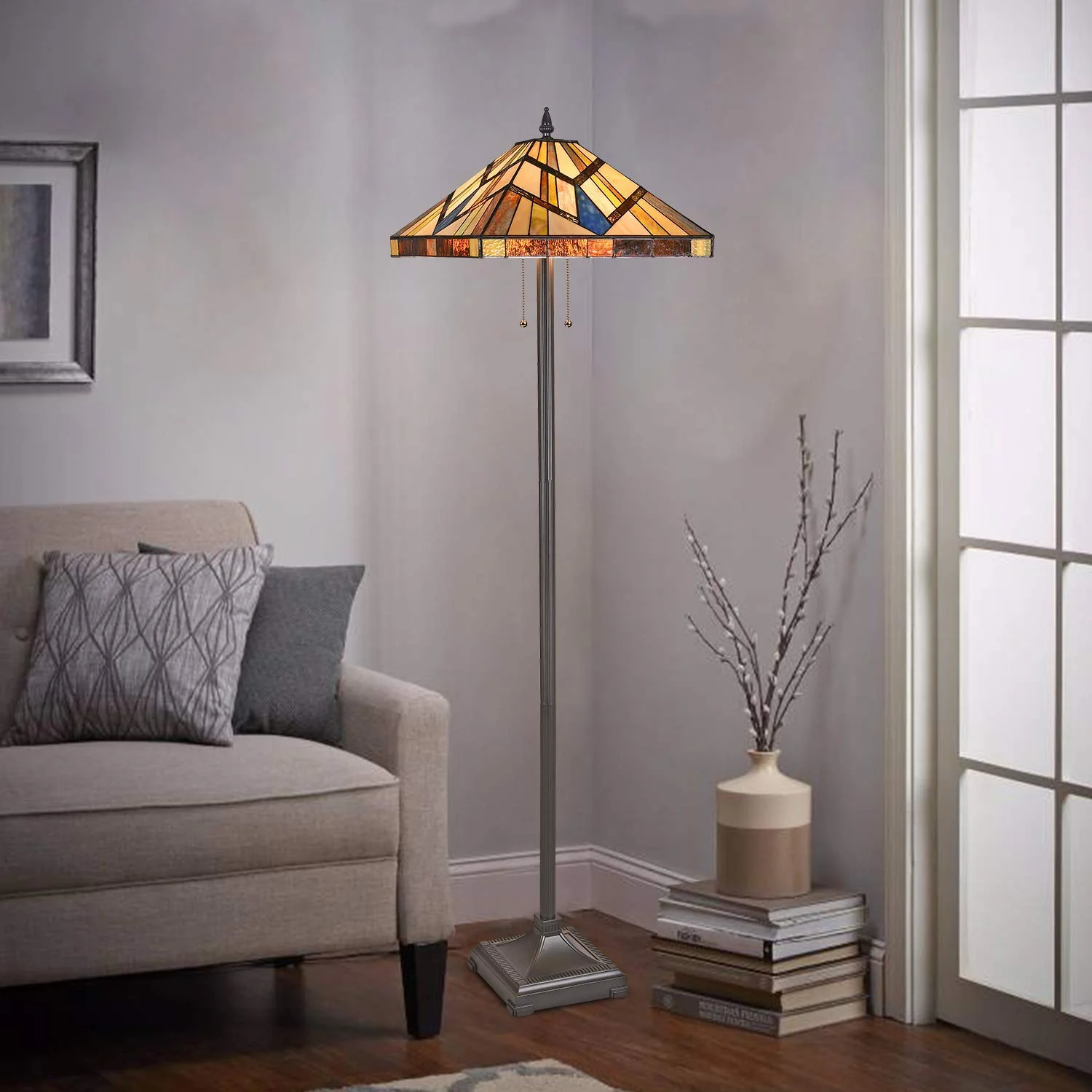 Capulina Tiffany Style Floor Lamp 2-Light 16 Inches Wide Cream Amber Stained Glass Antique Style Standing Lamp for Living Room Bedroom Home Office - Image 5