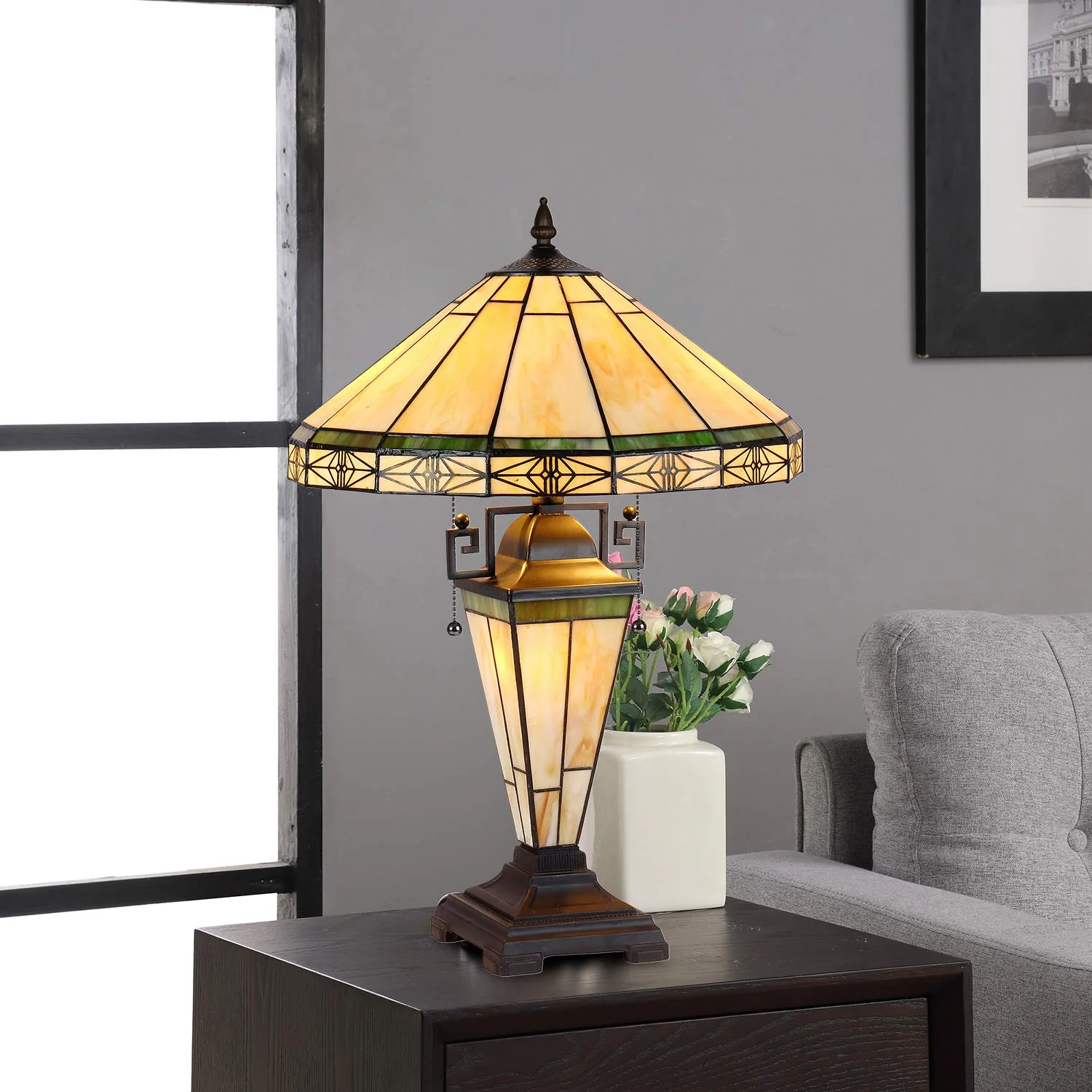 Capulina Tiffany Table Lamp 3-Light with Nightlight 16X16X24 Inches Cream Style Stained Glass Mother-Daughter Vase Desk Light Decor for Living Room Bedroom - Image 4