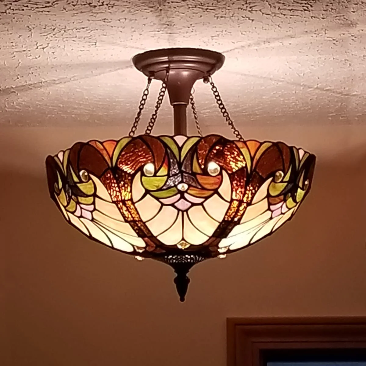 Cotoss Tiffany Style Ceiling Light Fixtures 16” Wide Stained Glass Ceiling Lamp 2-Light Antique Victorian Style Semi Flush Mount Ceiling Lights for Hallway Bedroom Kitchen - Image 4