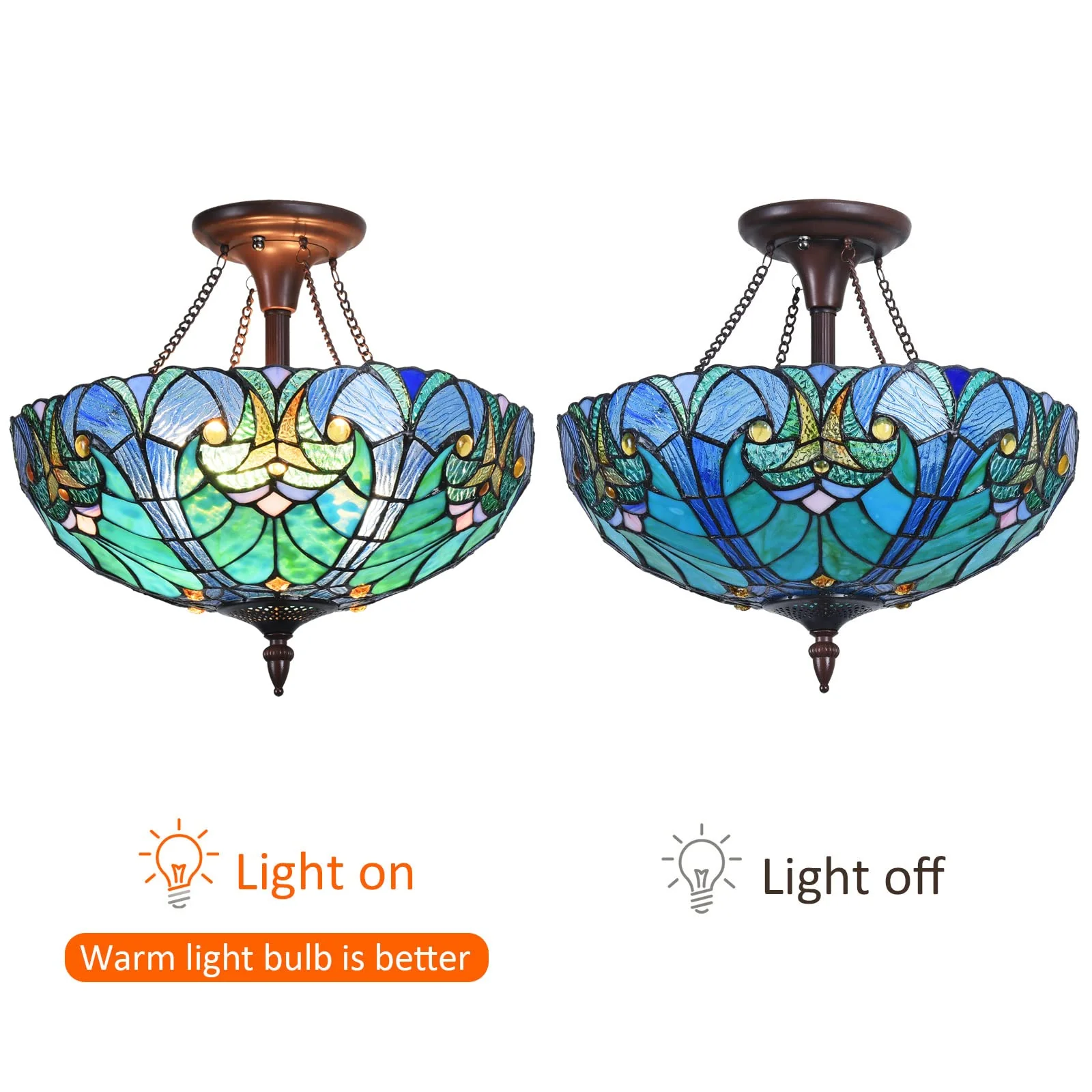 Cotoss Tiffany Style Ceiling Light Fixtures 16” Wide Stained Glass Lamp Shade 2-Light Classical Victorian Style Semi Flush Mount Ceiling Light for Hallway Bedroom Kitchen - Image 6