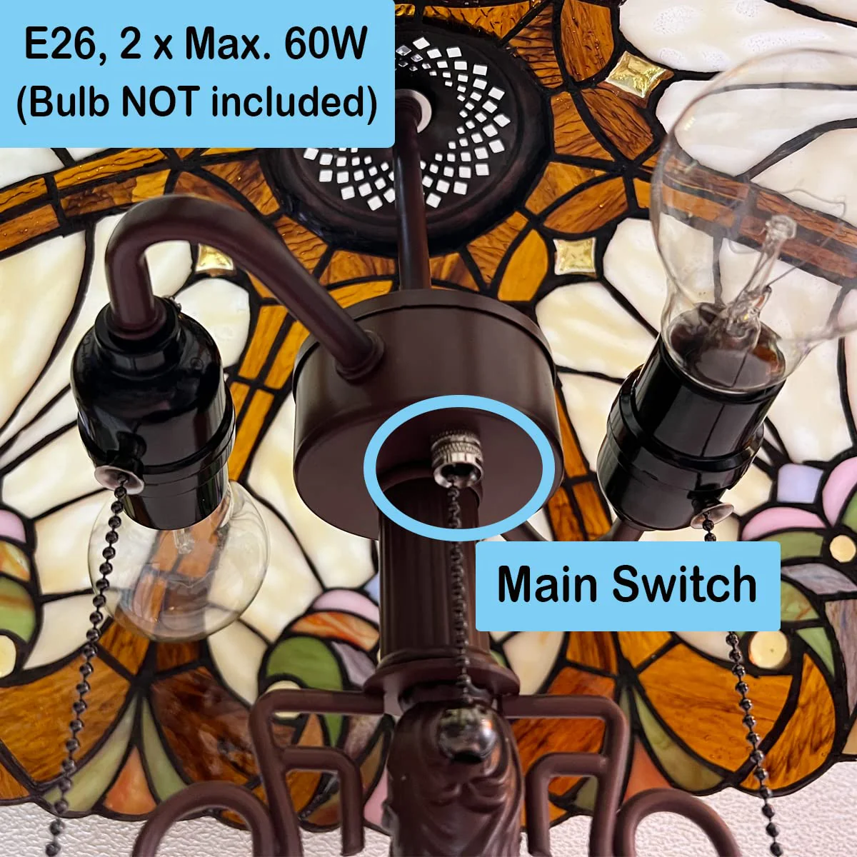 COTOSS Tiffany Table Lamp with NightLight 16 Wide Stained Glass Table Light 24 inch Tall Amber Cream Victorian Style 3 Lights Vintage Desk Lamp for Living Room Bedroom Office - Image 4
