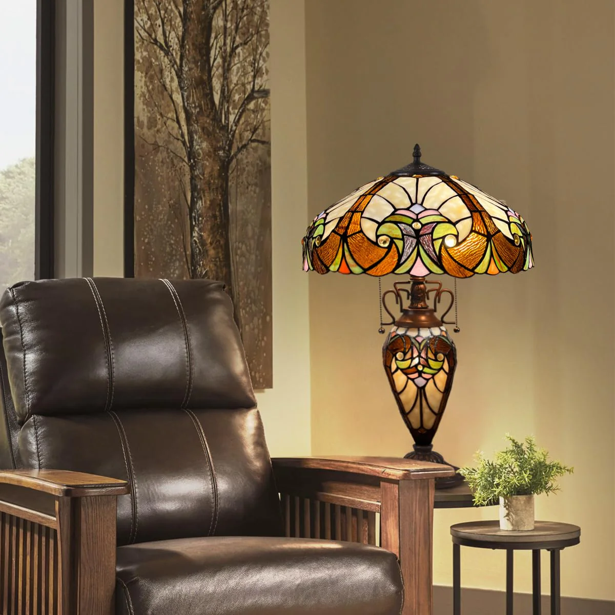 COTOSS Tiffany Table Lamp with NightLight 16 Wide Stained Glass Table Light 24 inch Tall Amber Cream Victorian Style 3 Lights Vintage Desk Lamp for Living Room Bedroom Office - Image 6