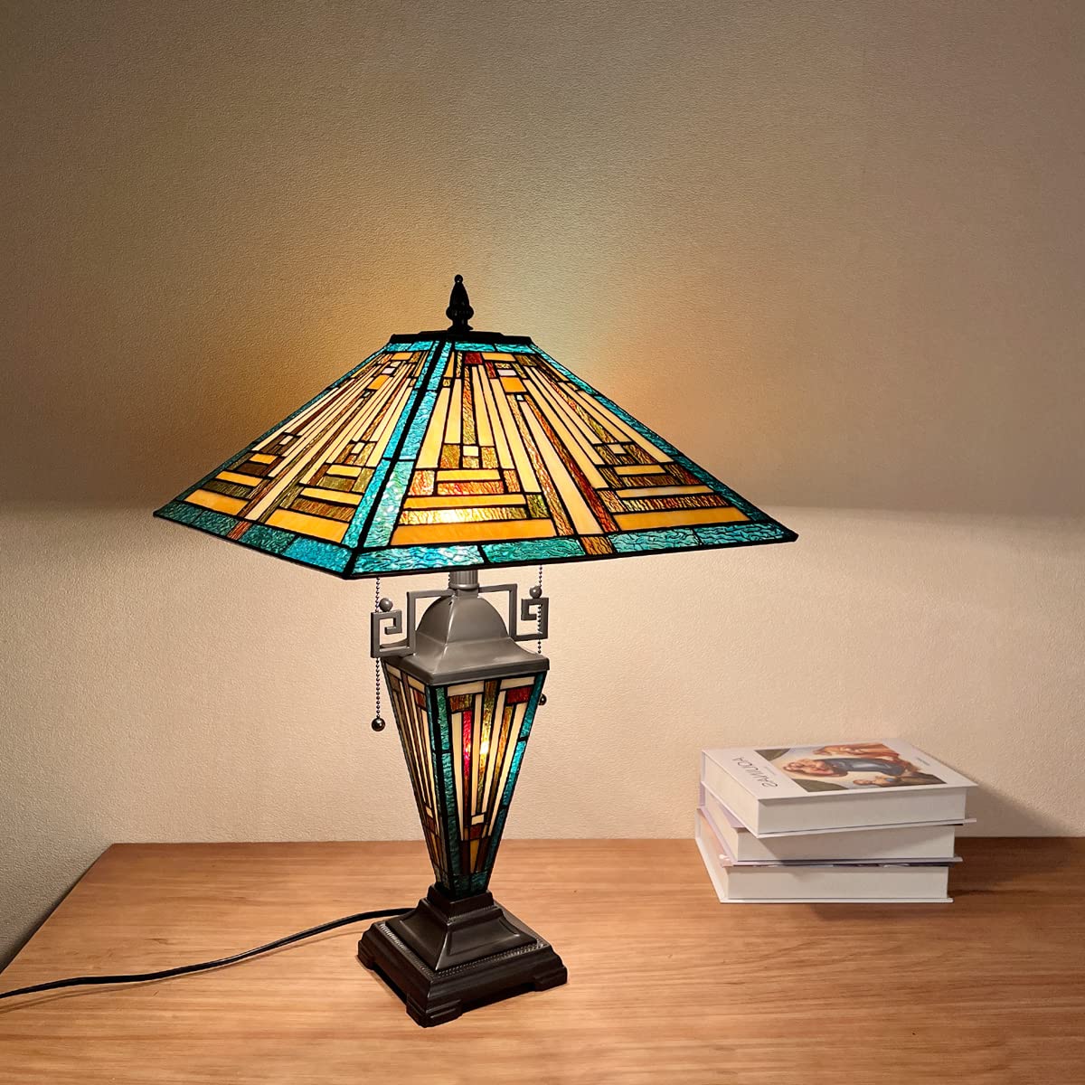 COTOSS Tiffany Table Lamps with Nightlight 16 Wide Handmade Stained Glass Desk Lamp for Reading 3 Lights Green Mission Style Antique Table Light for Living Room Bedroom Office - Image 2