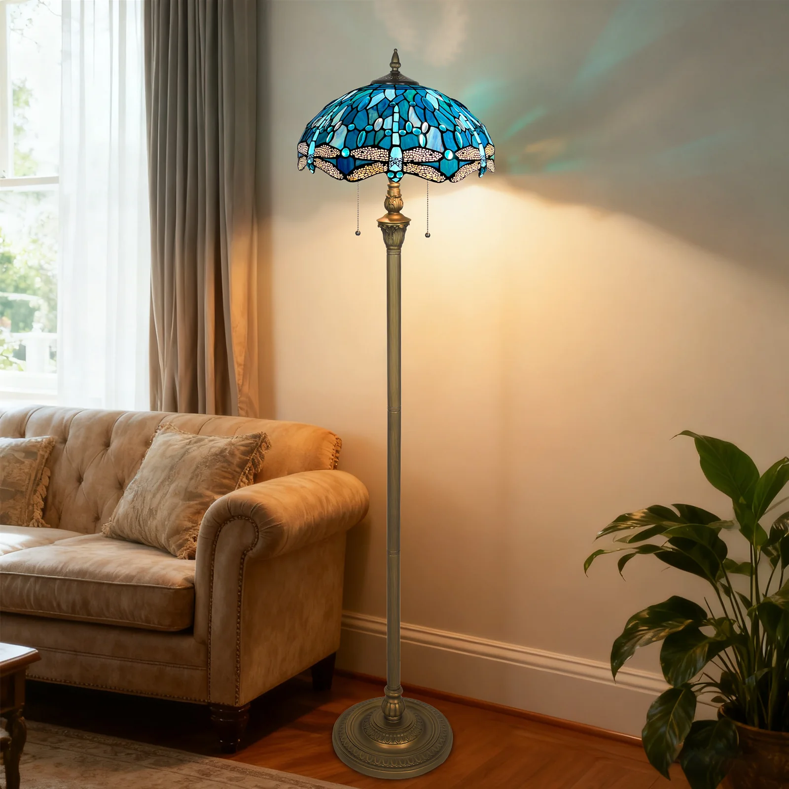 Dragonfly Tiffany Floor Lamp [2-Lights][16''W*64''H]  Stained Glass Floor Lamp Standing Reading Light with Pull Chain Control for Living Room/Bedroom/Home Office/Study - Image 3