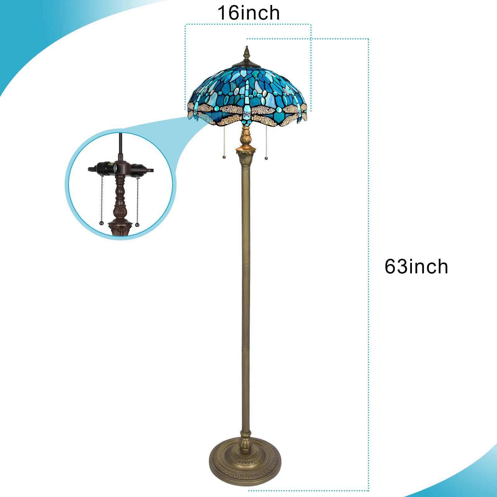 Dragonfly Tiffany Floor Lamp [2-Lights][16''W*64''H]  Stained Glass Floor Lamp Standing Reading Light with Pull Chain Control for Living Room/Bedroom/Home Office/Study - Image 5