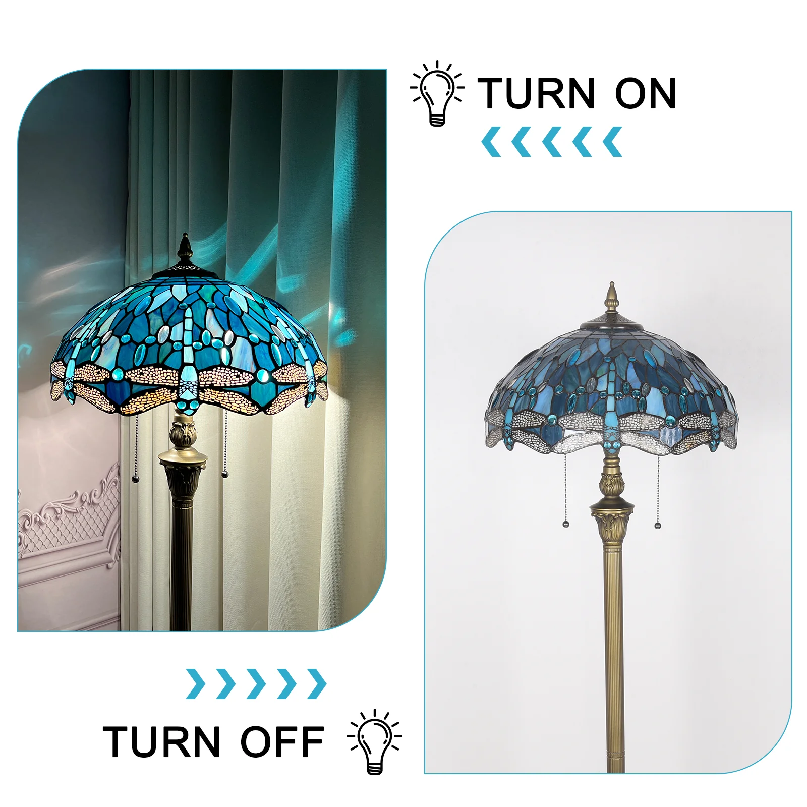 Dragonfly Tiffany Floor Lamp [2-Lights][16''W*64''H]  Stained Glass Floor Lamp Standing Reading Light with Pull Chain Control for Living Room/Bedroom/Home Office/Study - Image 6