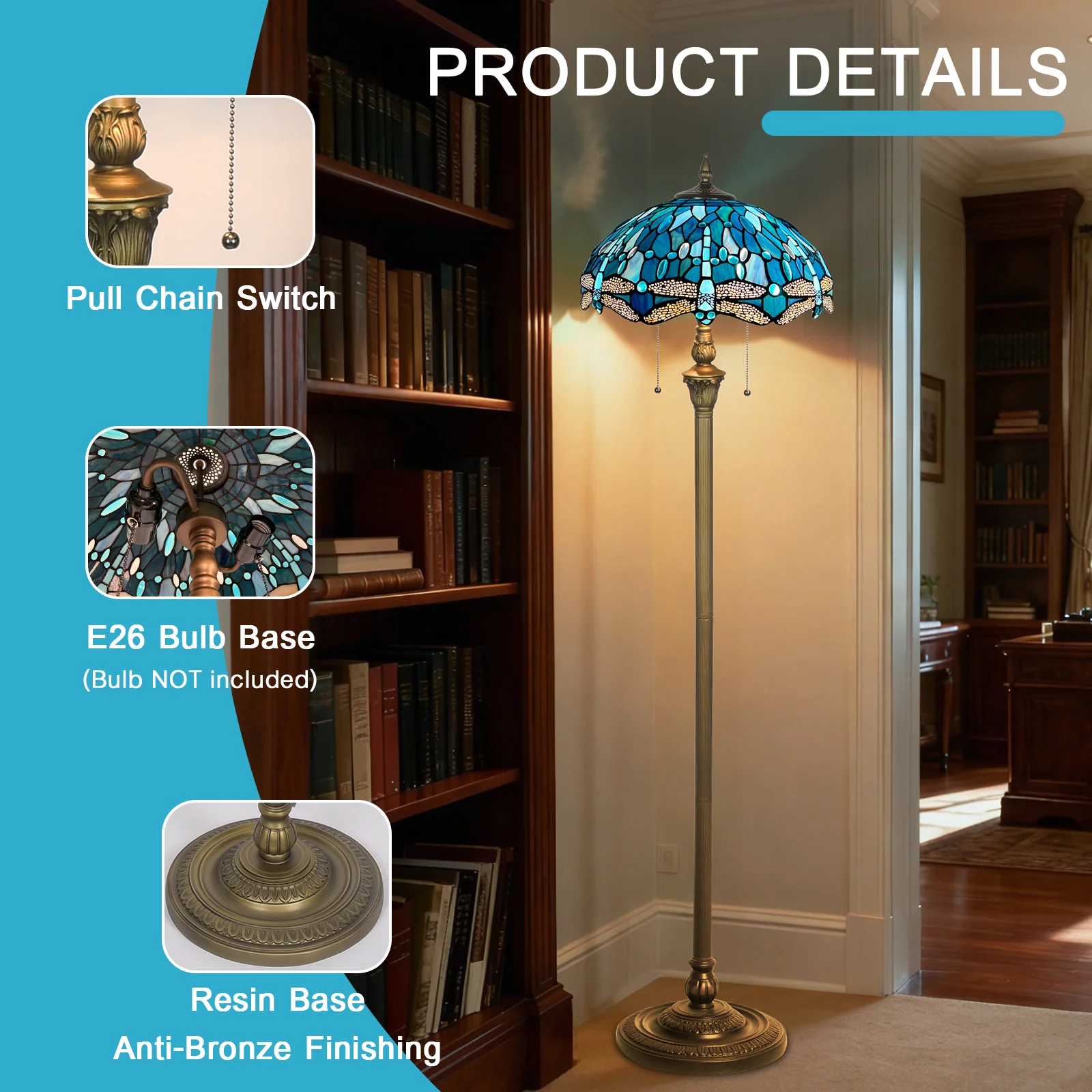 Dragonfly Tiffany Floor Lamp [2-Lights][16''W*64''H]  Stained Glass Floor Lamp Standing Reading Light with Pull Chain Control for Living Room/Bedroom/Home Office/Study - Image 7