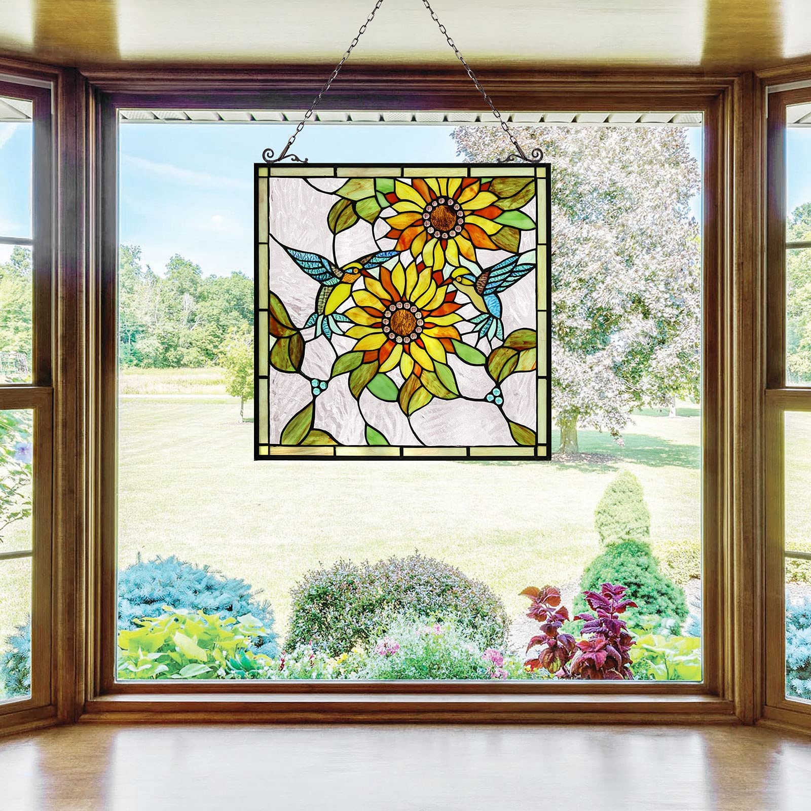 Capulina Sunflower and Birds Large Stained Glass Window Hangings Tiffany Glass - Image 3