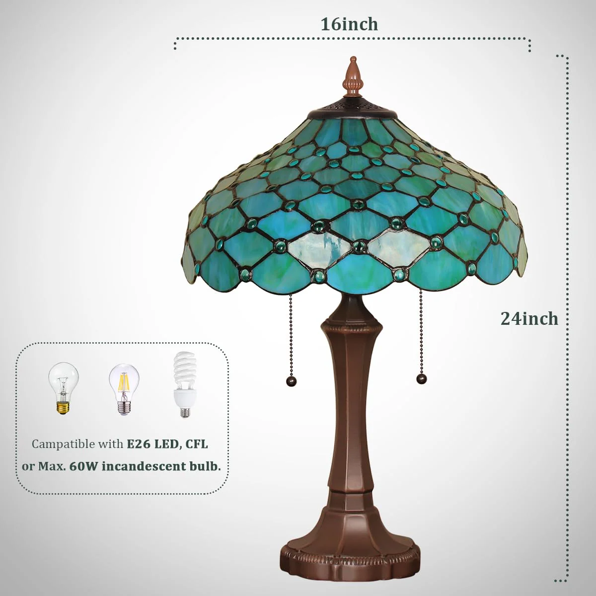Thatyears Tiffany Table Lamp Seagrass Blue Beads Style Stained Glass Desk Lamp 16X16X24 Inches Vintage Style Desk Reading Light Decor for Bedroom Living Room Home Office - Image 6