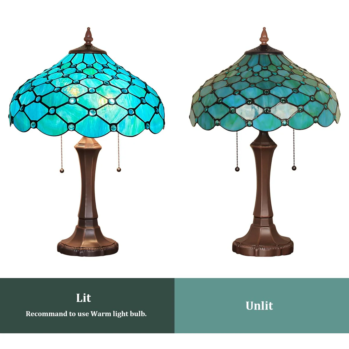 Thatyears Tiffany Table Lamp Seagrass Blue Beads Style Stained Glass Desk Lamp 16X16X24 Inches Vintage Style Desk Reading Light Decor for Bedroom Living Room Home Office - Image 7